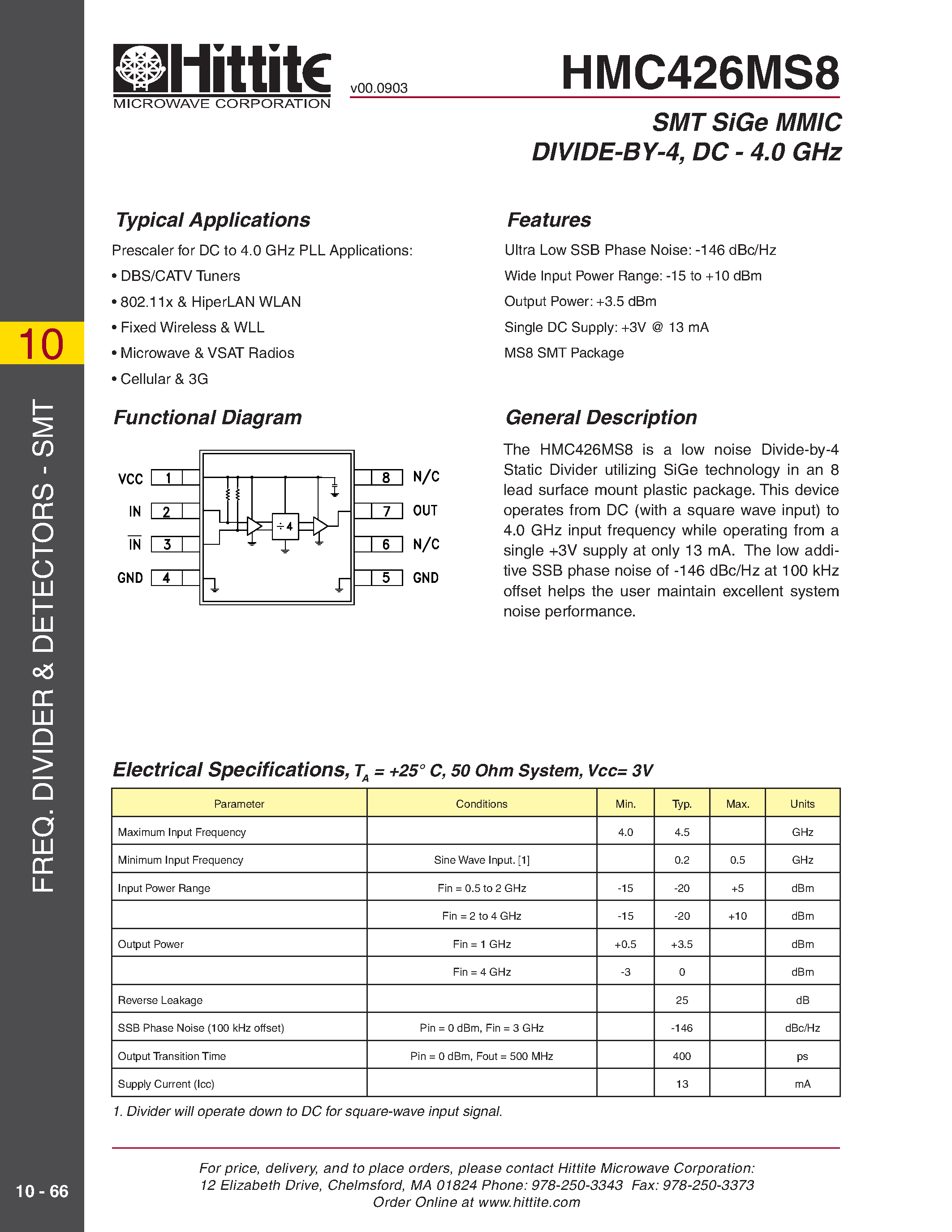 Datasheet HMC426MS8 - SMT SiGe MMIC DIVIDE-BY-4/ DC - 4.0 GHz page 1