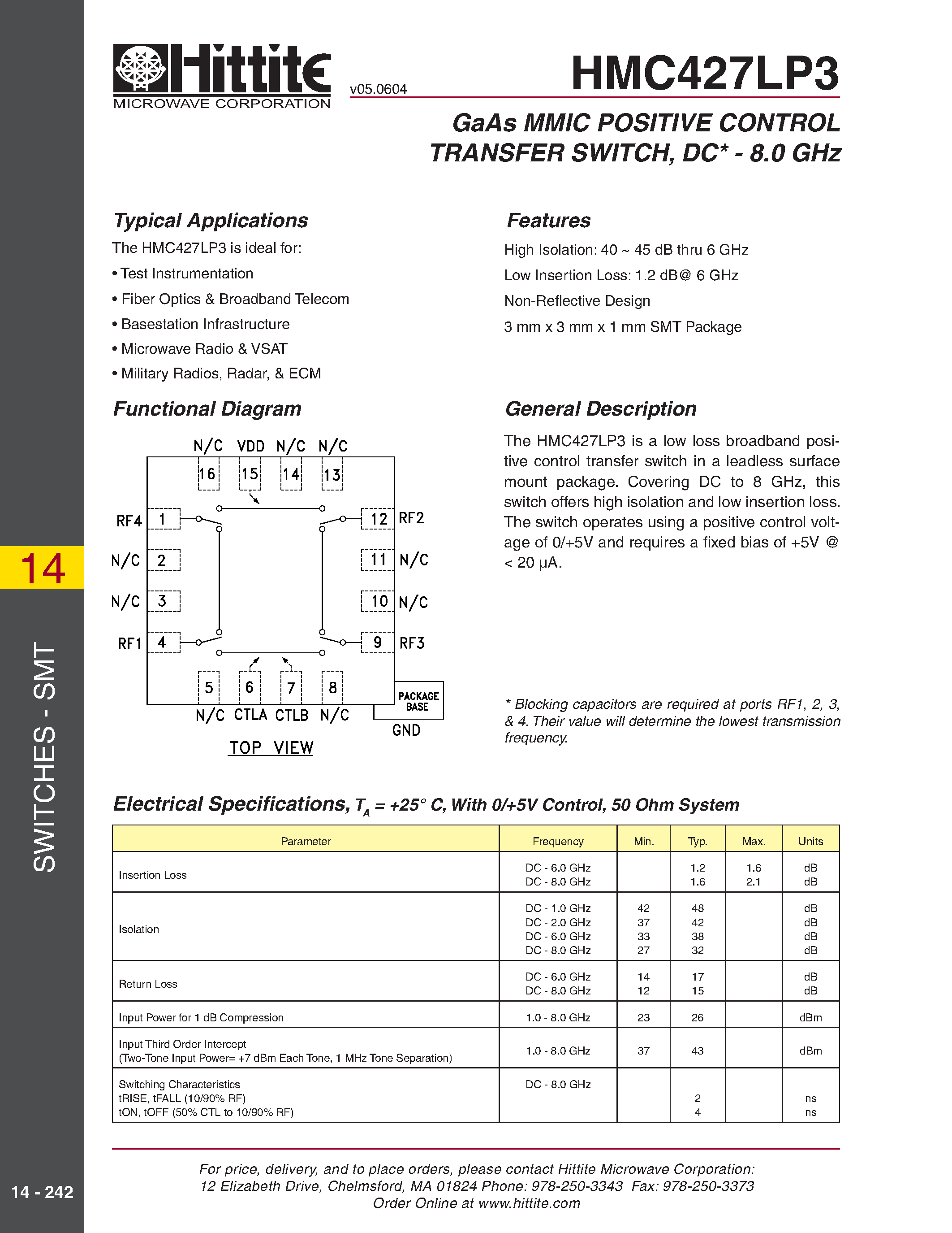 Datasheet HMC427LP3 page 1 Datasheet HMC427LP3 - GaAs MMIC POSITIVE CONTROL TRANSFER SWITCH/ DC - 8.0 GHz page 1