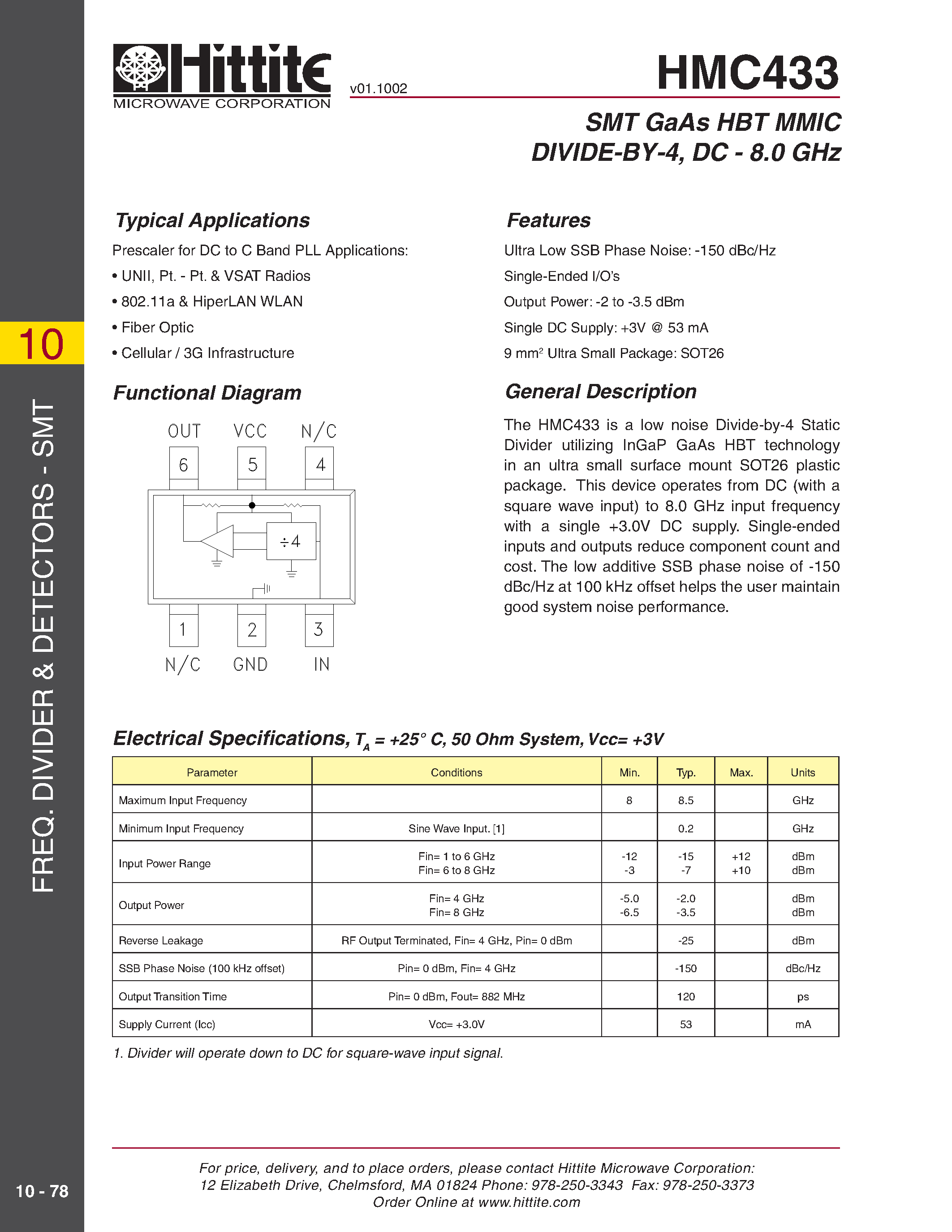 Даташит HMC433 - SMT GaAs HBT MMIC DIVIDE-BY-4/ DC - 8.0 GHz страница 1