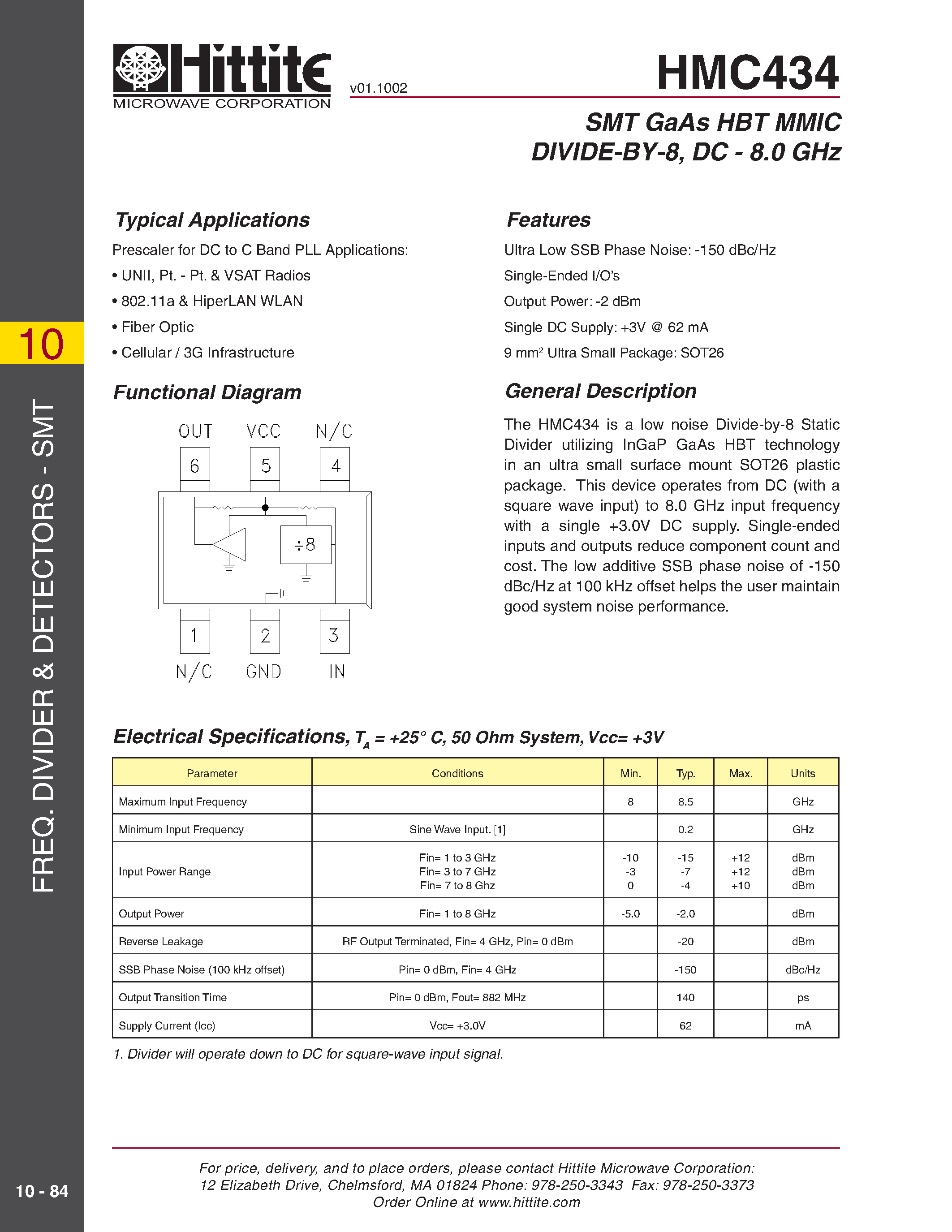 Datasheet HMC434 - SMT GaAs HBT MMIC DIVIDE-BY-8/ DC - 8.0 GHz page 1
