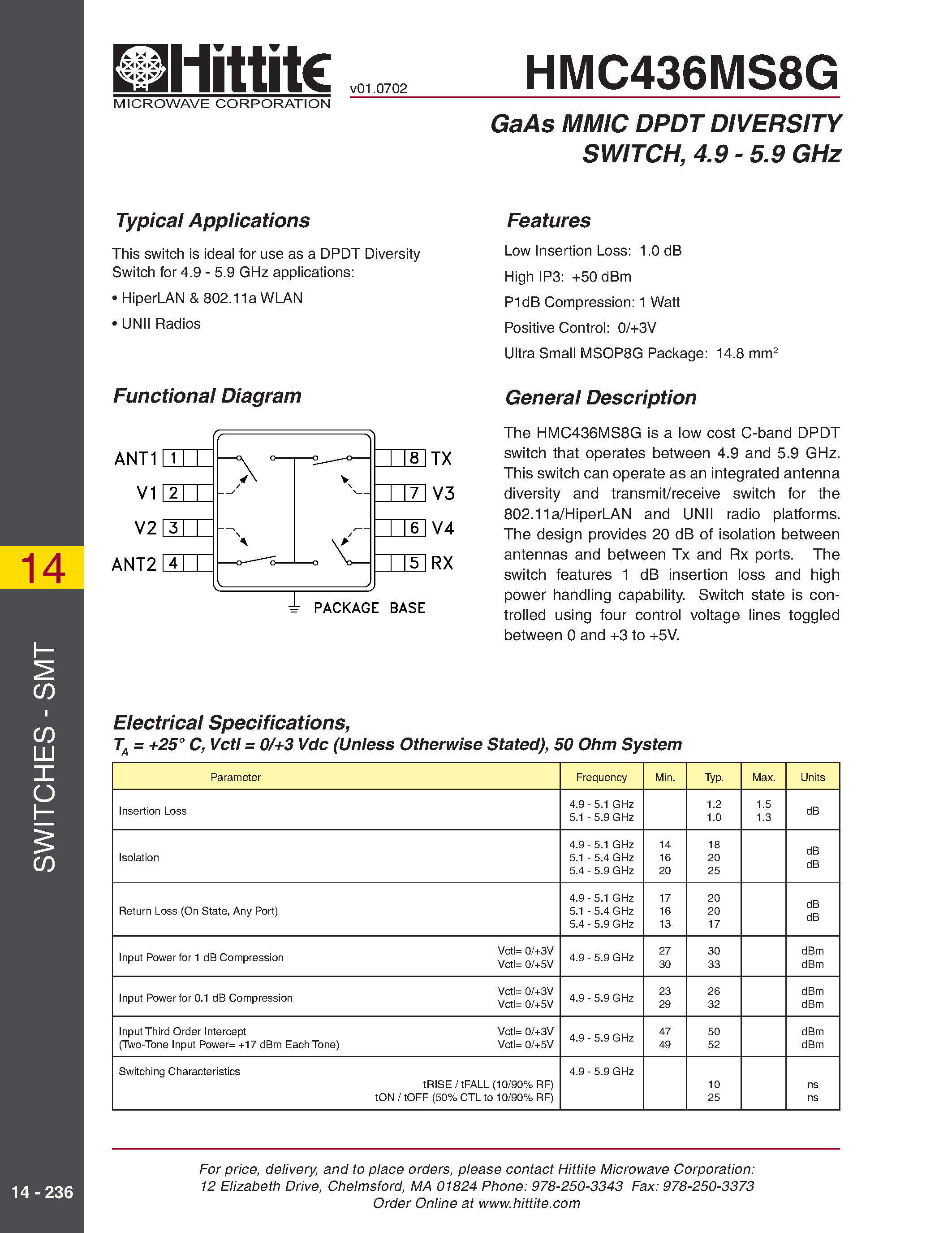 Даташит HMC436MS8G - GaAs MMIC DPDT DIVERSITY SWITCH/ 4.9 - 5.9 GHz страница 1