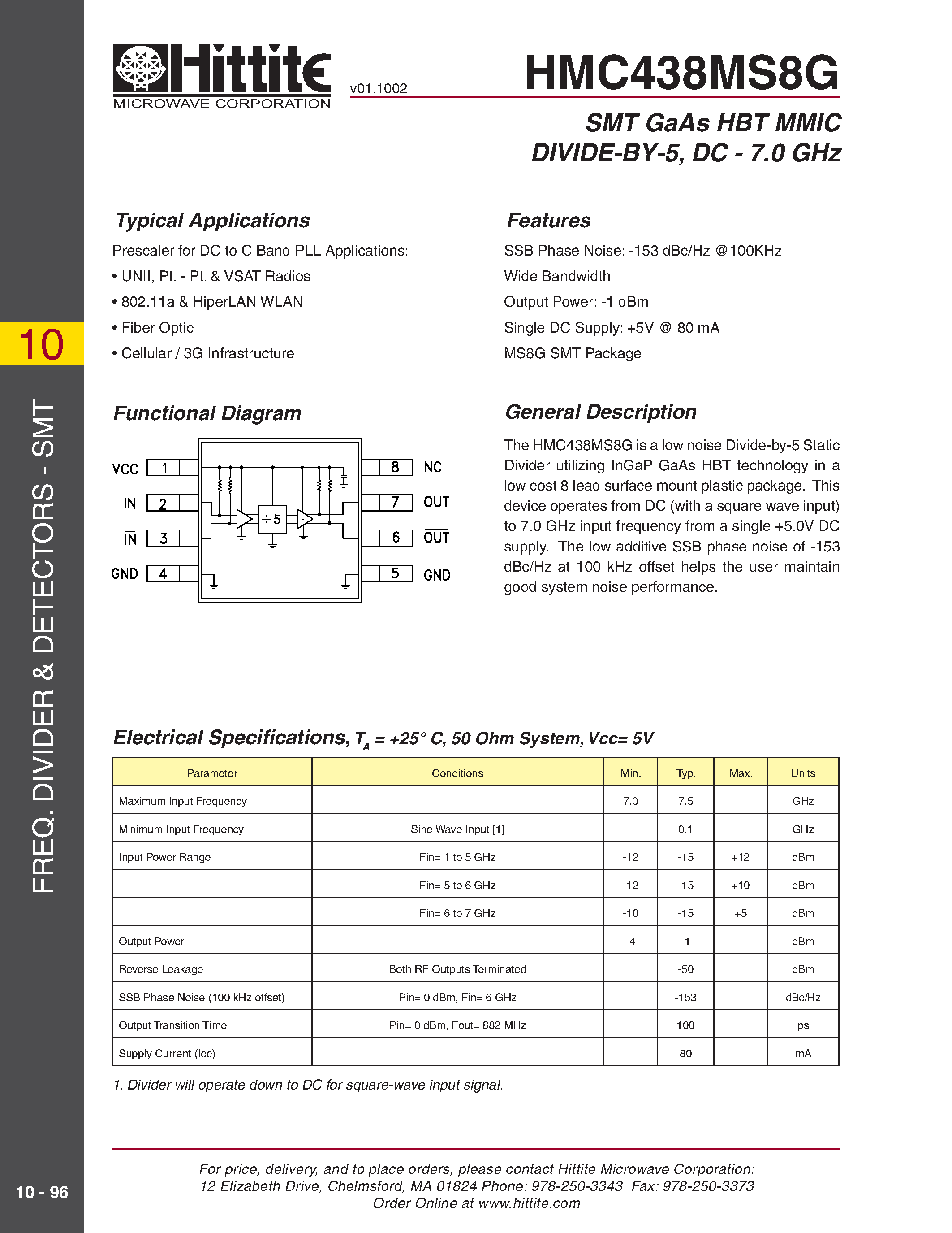 Datasheet HMC438MS8G page 1 Datasheet HMC438MS8G - SMT GaAs HBT MMIC DIVIDE-BY-5/ DC - 7.0 GHz page 1