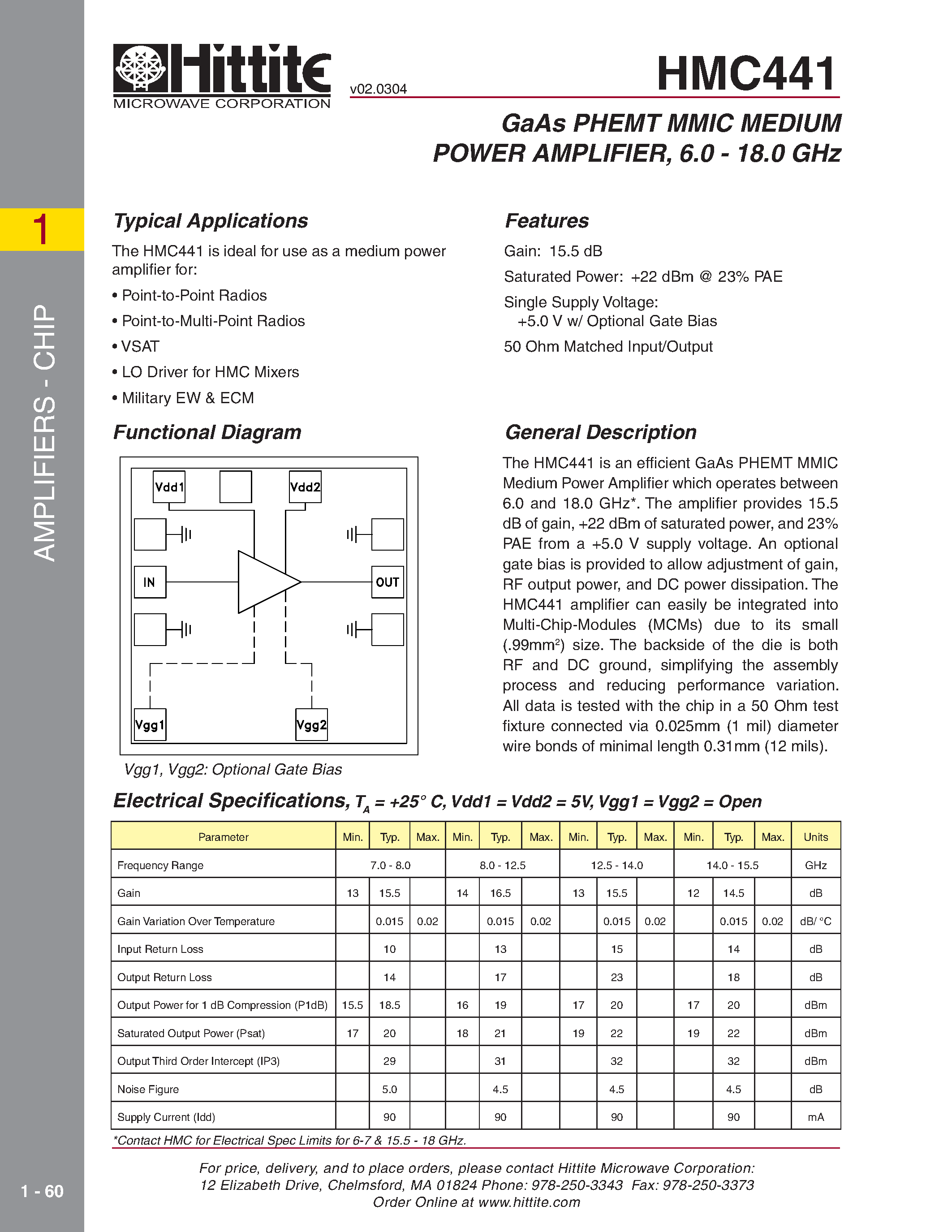 Datasheet HMC441LM1 page 1 Datasheet HMC441LM1 - GaAs PHEMT MMIC MEDIUM POWER AMPLIFIER/ 7.0 - 15.5 GHz page 1