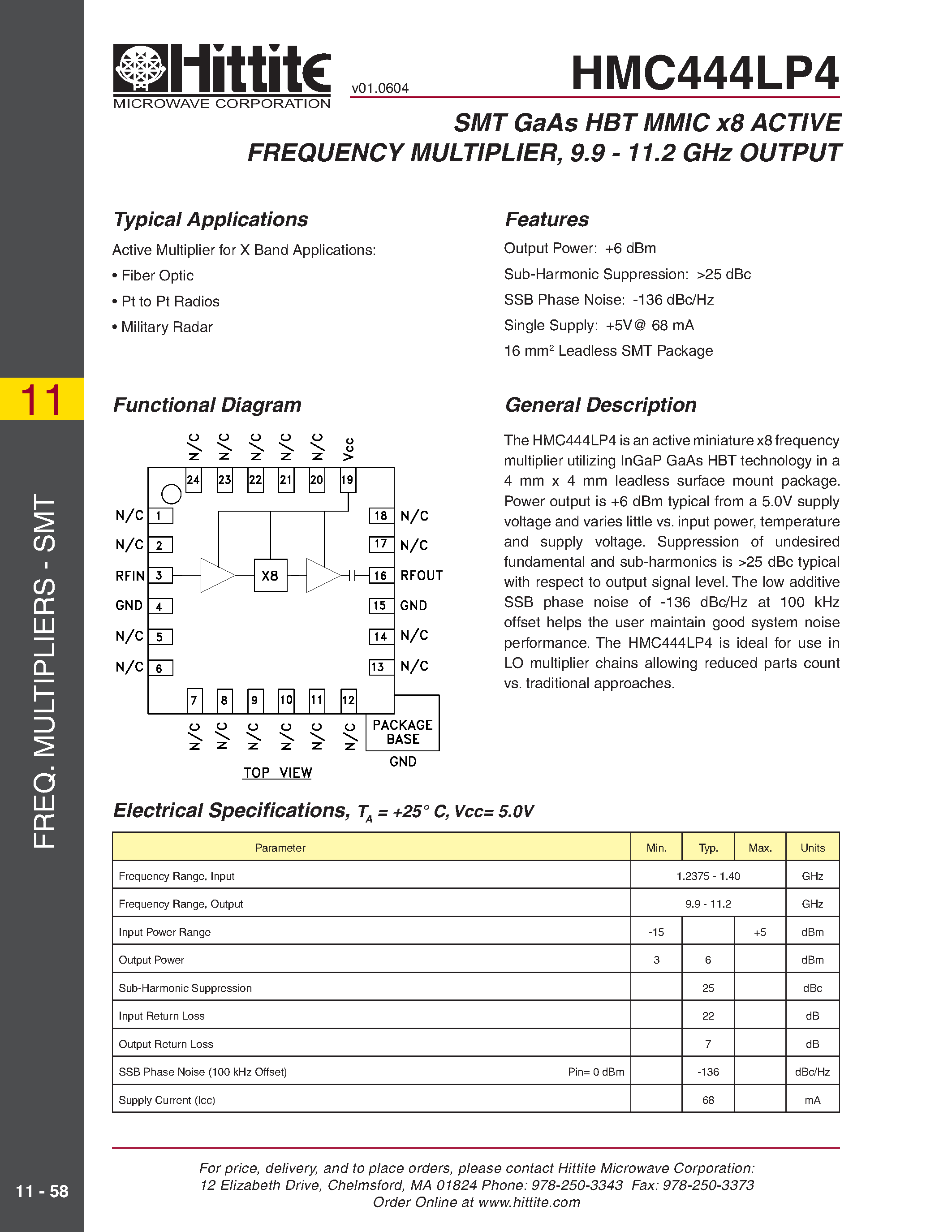 Даташит HMC444LP4 - SMT GaAs HBT MMIC x8 ACTIVE FREQUENCY MULTIPLIER/ 9.9 - 11.2 GHz OUTPUT страница 1