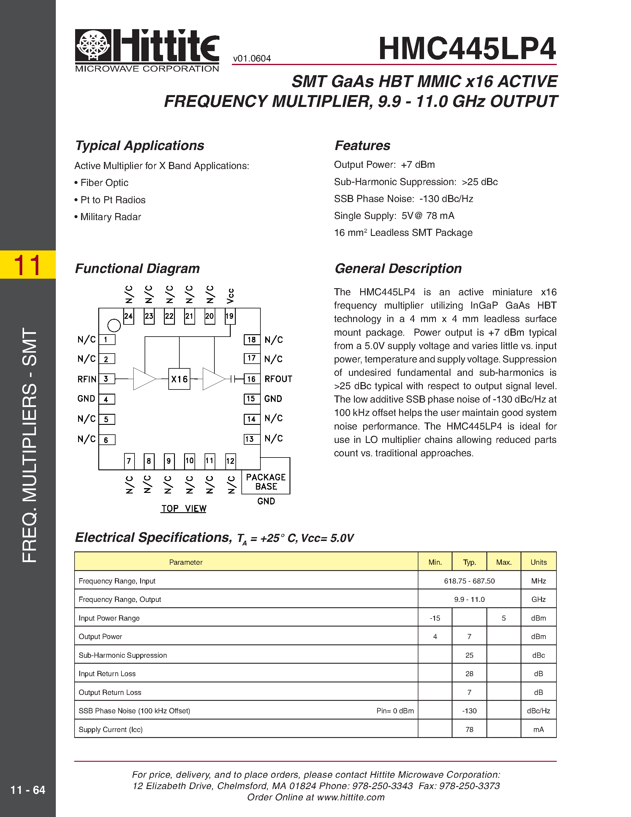 Даташит HMC445LP4 - SMT GaAs HBT MMIC x16 ACTIVE FREQUENCY MULTIPLIER/ 9.9 - 11.0 GHz OUTPUT страница 1