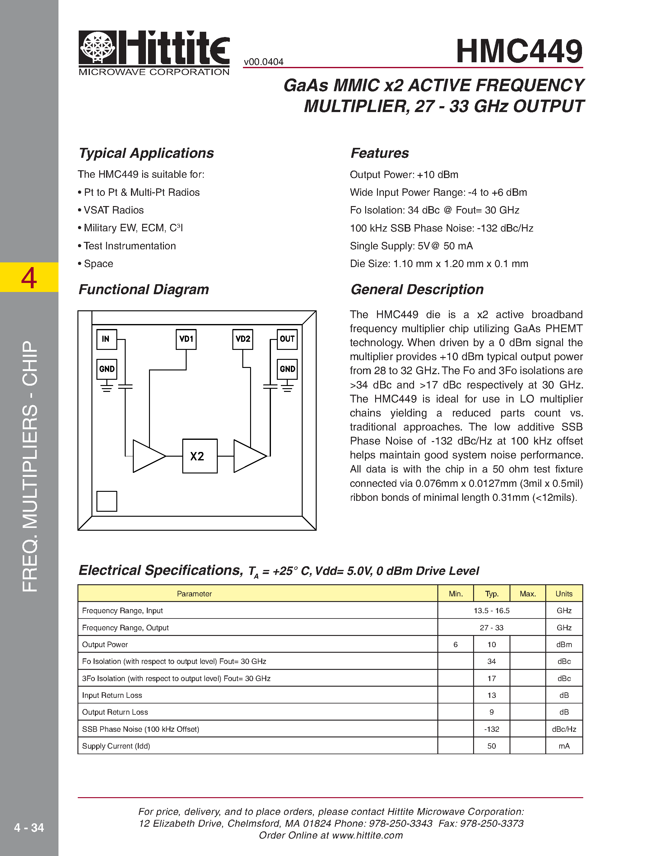 Даташит HMC449 - GaAs MMIC x2 ACTIVE FREQUENCY MULTIPLIER/ 27 - 33 GHz OUTPUT страница 1