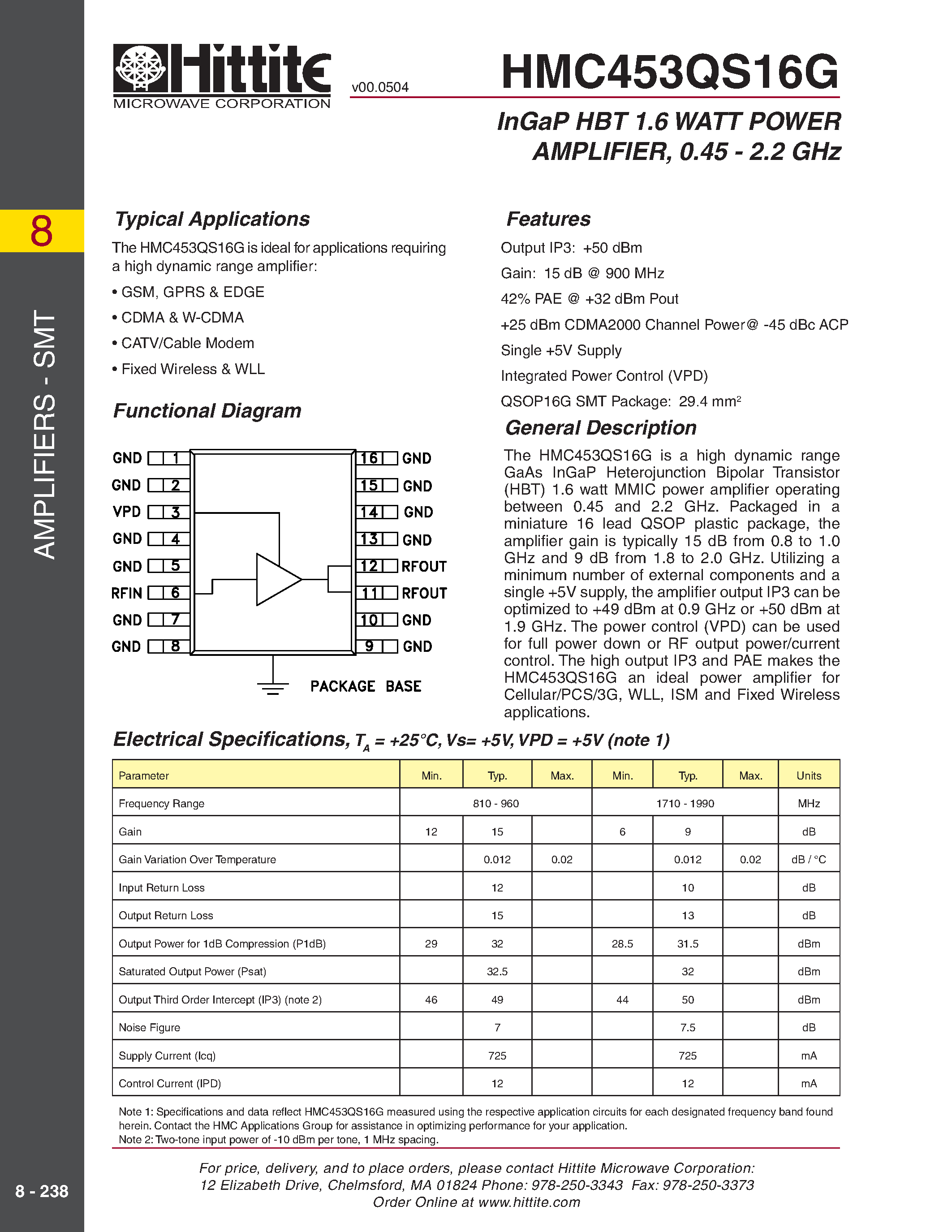Datasheet HMC453QS16G page 1 Datasheet HMC453QS16G - InGaP HBT 1.6 WATT POWER AMPLIFIER/ 0.45 - 2.2 GHz page 1