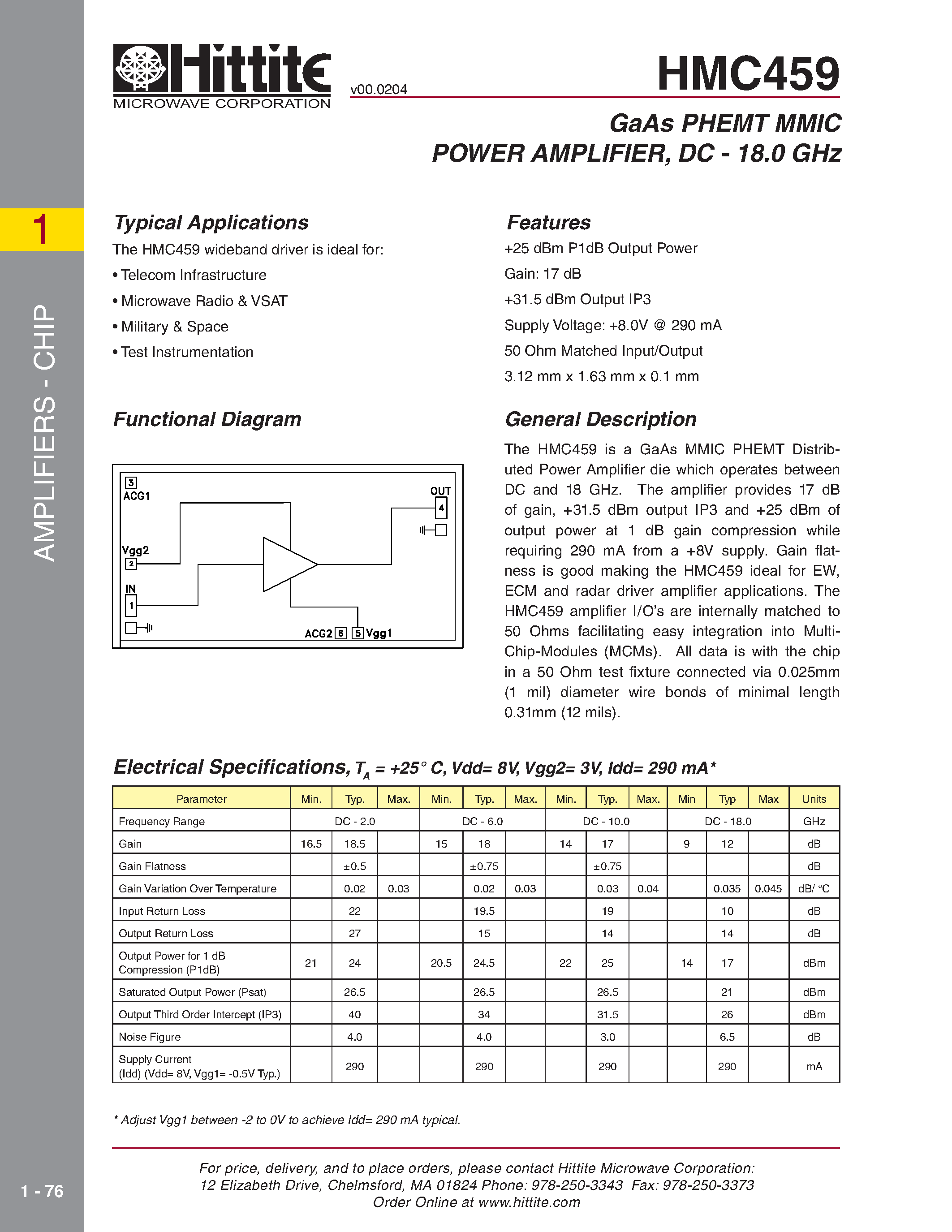 Datasheet HMC459 page 1 Datasheet HMC459 - GaAs PHEMT MMIC POWER AMPLIFIER/ DC - 18.0 GHz page 1