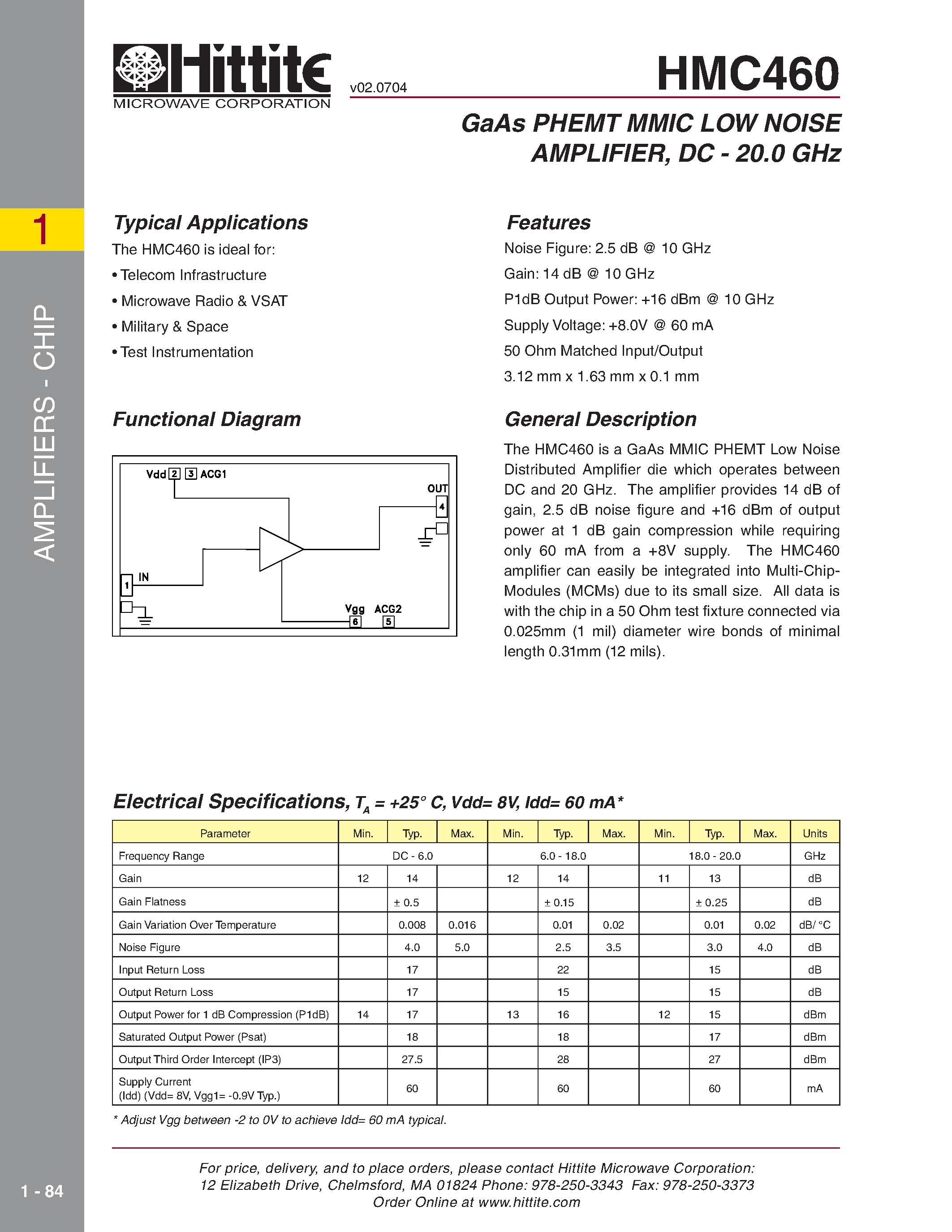Datasheet HMC460 page 1 Datasheet HMC460 - GaAs PHEMT MMIC LOW NOISE AMPLIFIER/ DC - 20.0 GHz page 1