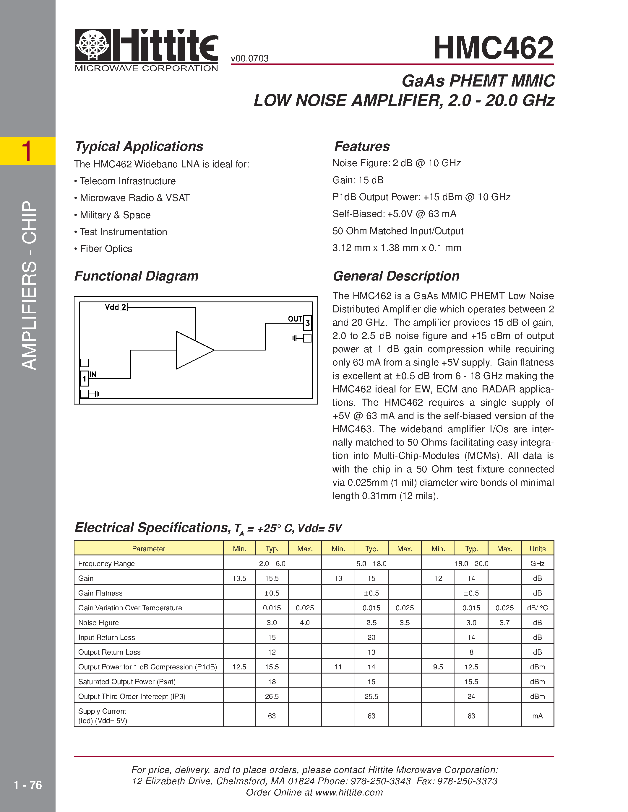 Datasheet HMC462 - GaAs PHEMT MMIC LOW NOISE AMPLIFIER/ 2.0 - 20.0 GHz page 1