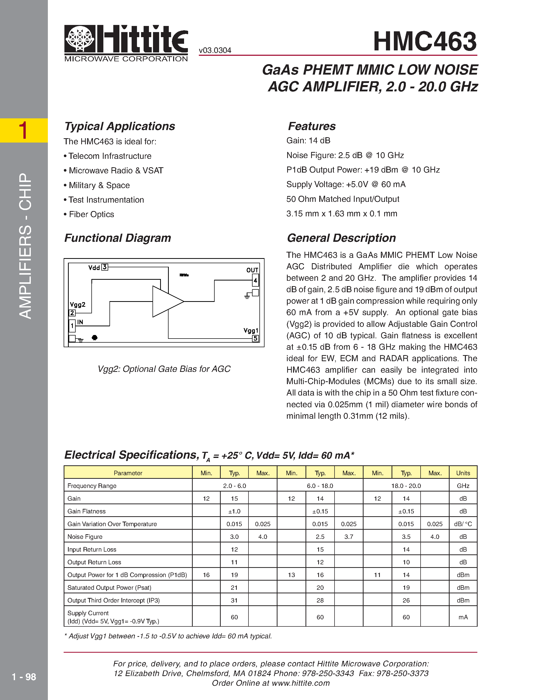 Datasheet HMC463 page 1 Datasheet HMC463 - GaAs PHEMT MMIC LOW NOISE AMPLIFIER/ DC - 20.0 GHz page 1