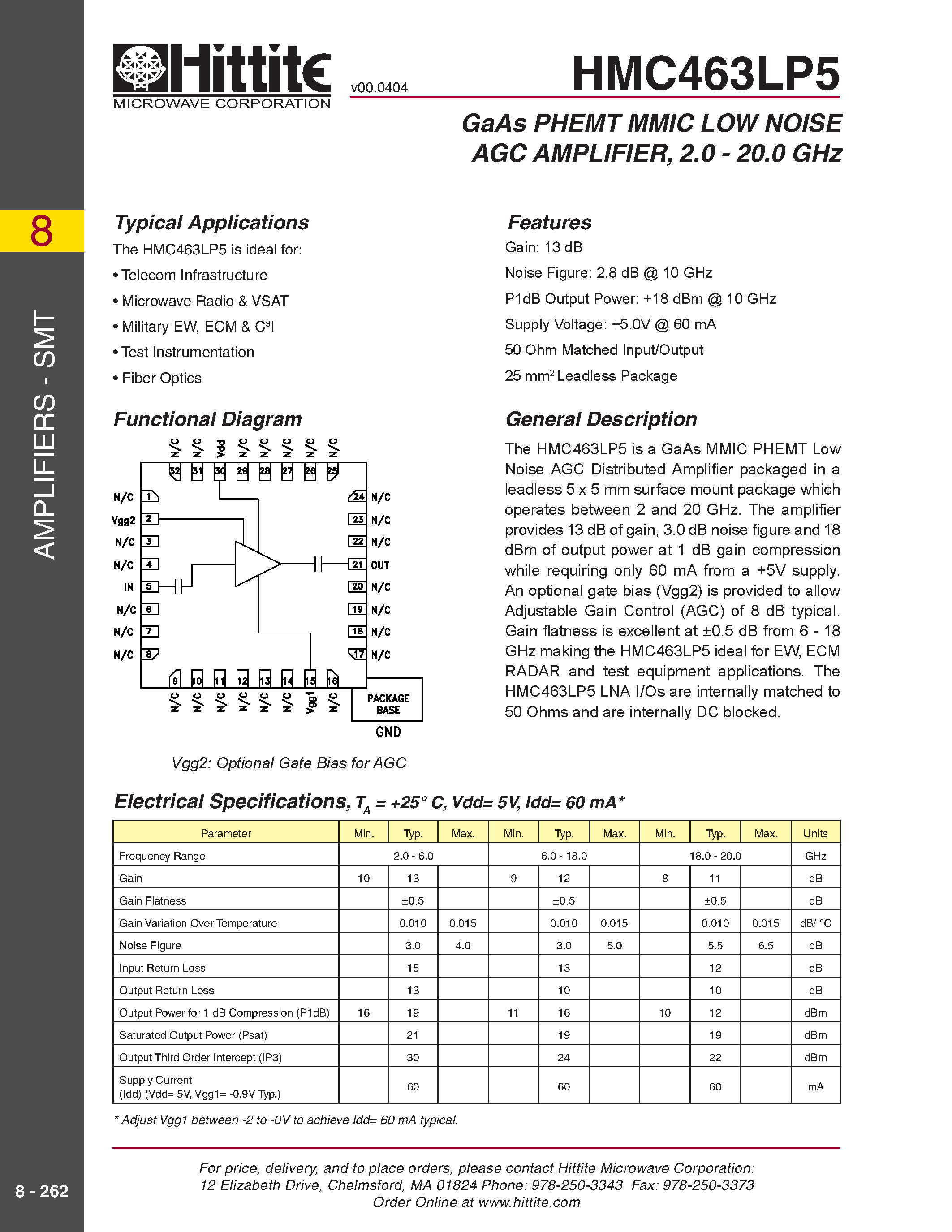 Datasheet HMC463LP5 - GaAs PHEMT MMIC LOW NOISE AGC AMPLIFIER/ 2.0 - 20.0 GHz page 1