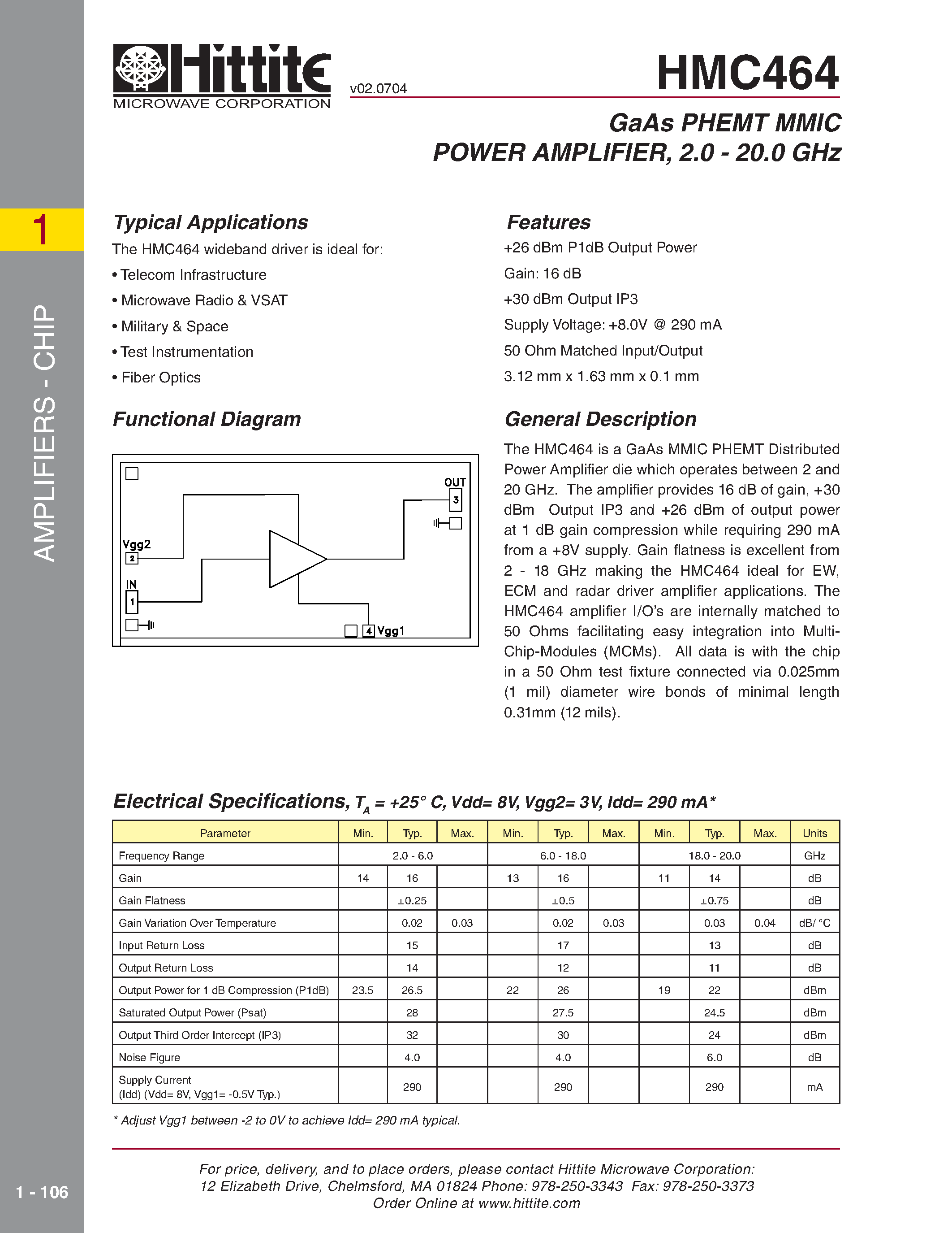 Datasheet HMC464 - GaAs PHEMT MMIC POWER AMPLIFIER/ 2.0 - 20.0 GHz page 1