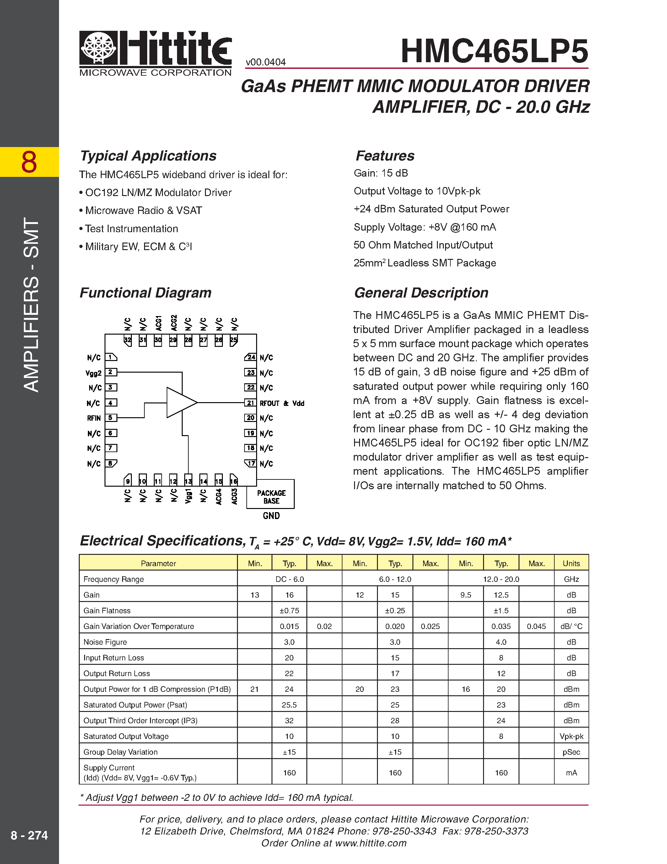 Datasheet HMC465LP5 page 1 Datasheet HMC465LP5 - GaAs PHEMT MMIC MODULATOR DRIVER AMPLIFIER/ DC - 20.0 GHz page 1