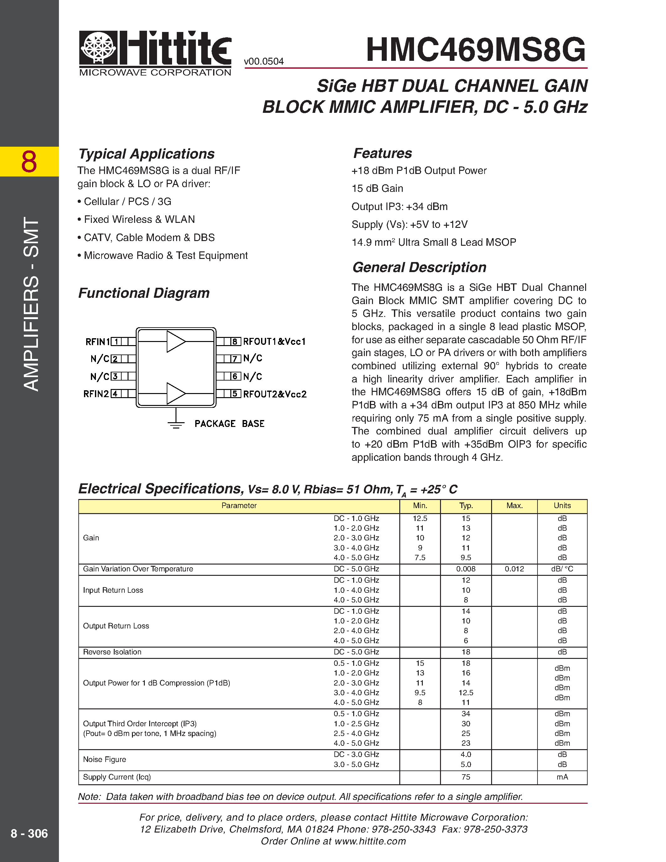 Datasheet HMC469MS8G page 1 Datasheet HMC469MS8G - SiGe HBT DUAL CHANNEL GAIN BLOCK MMIC AMPLIFIER/ DC - 5.0 GHz page 1