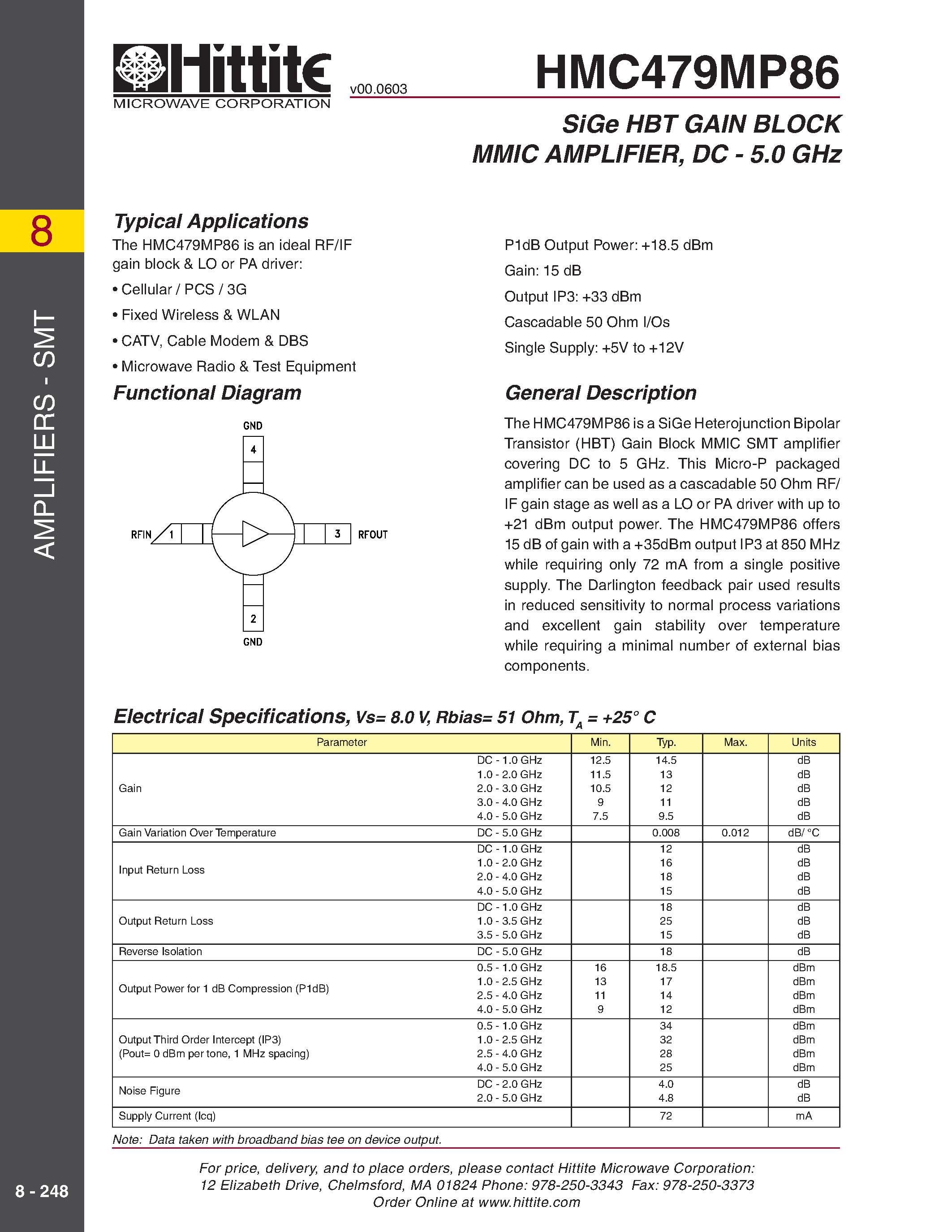 Datasheet HMC479MP86 - SiGe HBT GAIN BLOCK MMIC AMPLIFIER/ DC - 5.0 GHz page 1