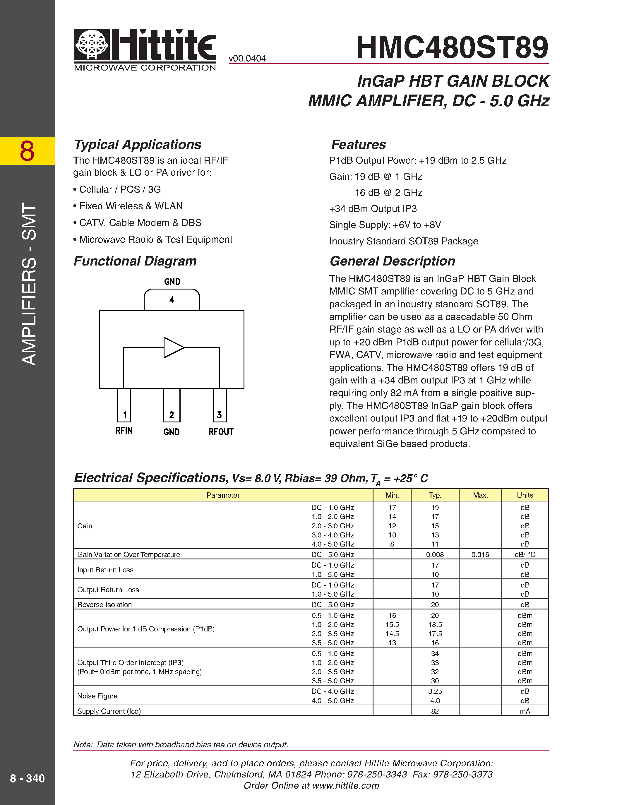 Datasheet HMC480ST89 - InGaP HBT GAIN BLOCK MMIC AMPLIFIER/ DC - 5.0 GHz page 1