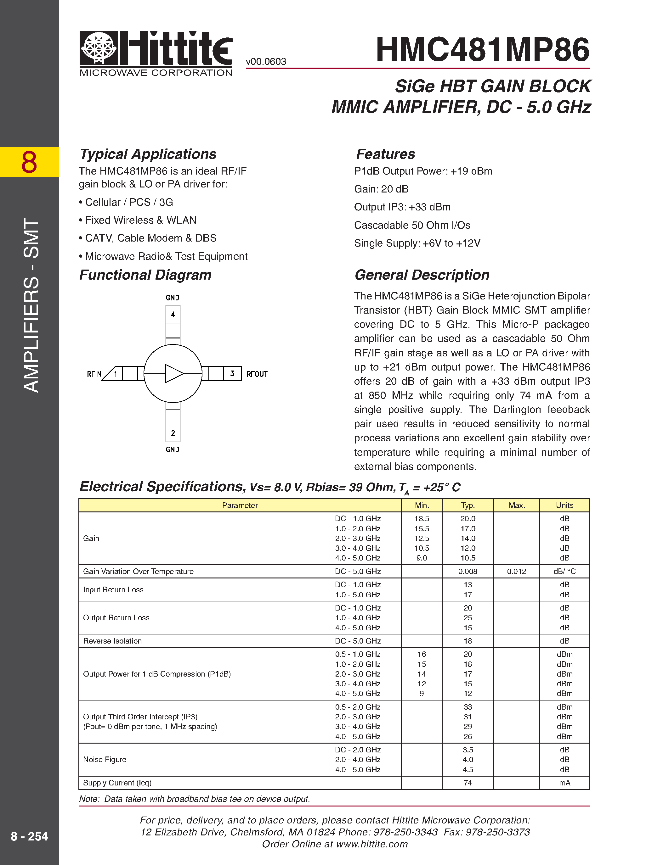 Datasheet HMC481MP86 page 1 Datasheet HMC481MP86 - SiGe HBT GAIN BLOCK MMIC AMPLIFIER/ DC - 5.0 GHz page 1