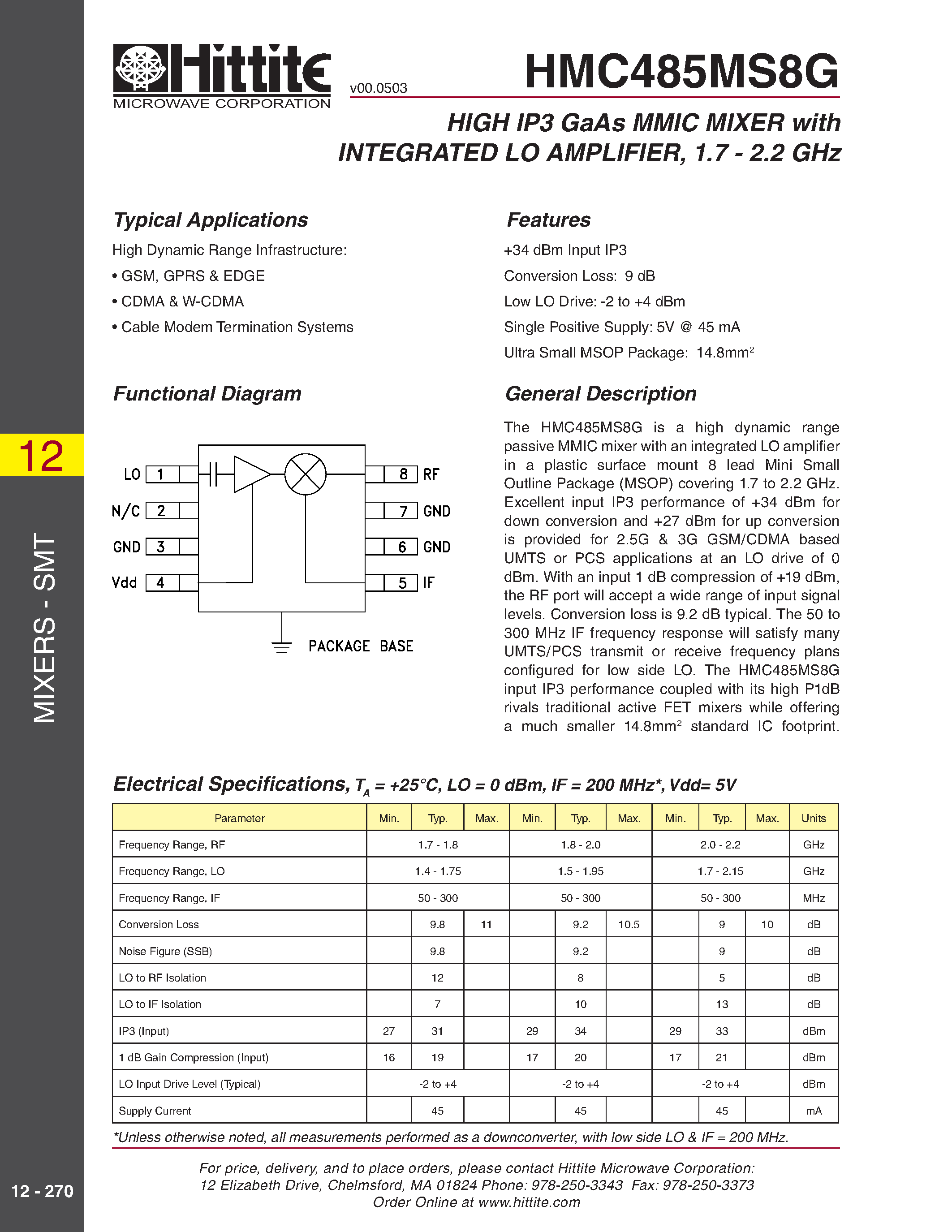 Datasheet HMC485MS8G page 1 Datasheet HMC485MS8G - HIGH IP3 GaAs MMIC MIXER with INTEGRATED LO AMPLIFIER/ 1.7 - 2.2 GHz page 1