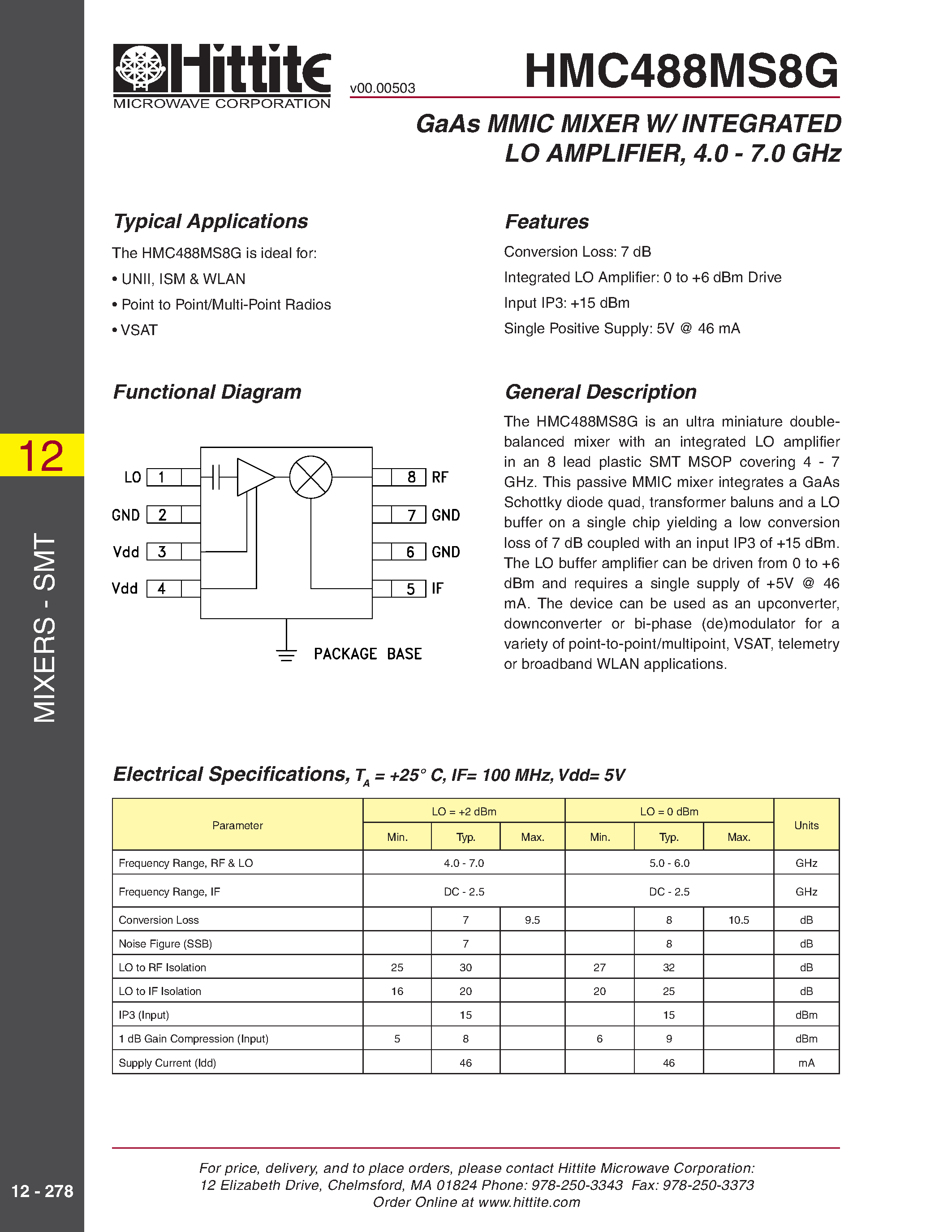 Даташит HMC488MS8G - GaAs MMIC MIXER W/ INTEGRATED LO AMPLIFIER/ 4.0 - 7.0 GHz страница 1