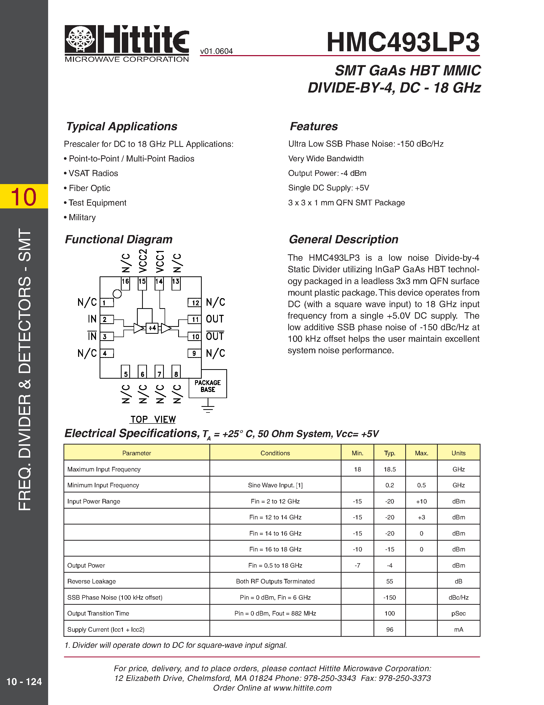 Даташит HMC493LP3 - SMT GaAs HBT MMIC DIVIDE-BY-4/ DC - 18 GHz страница 1