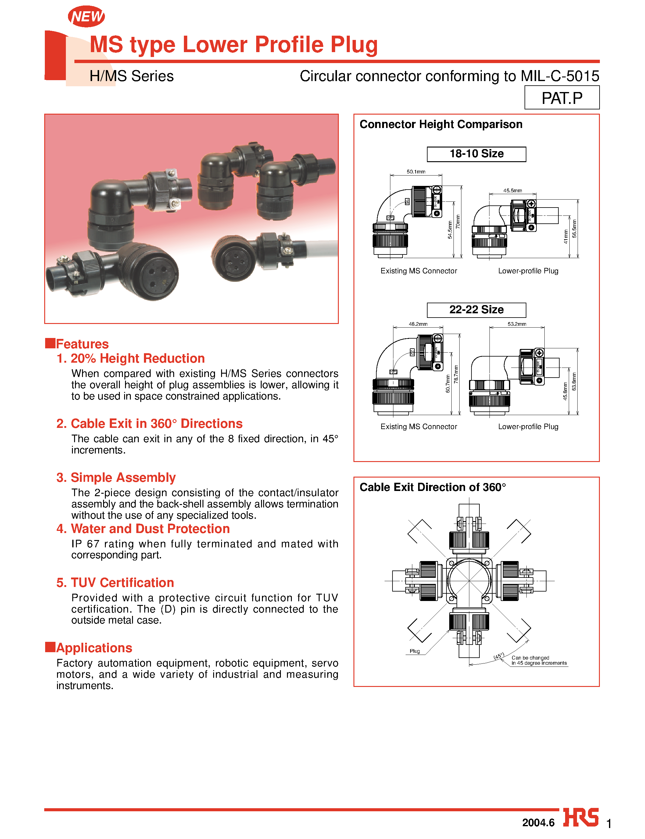 Datasheet HMS08A18-10S-DT10D page 1 Datasheet HMS08A18-10S-DT10D - MS type Lower Profile Plug(Circular connector conforming to MIL-C-5015) page 1
