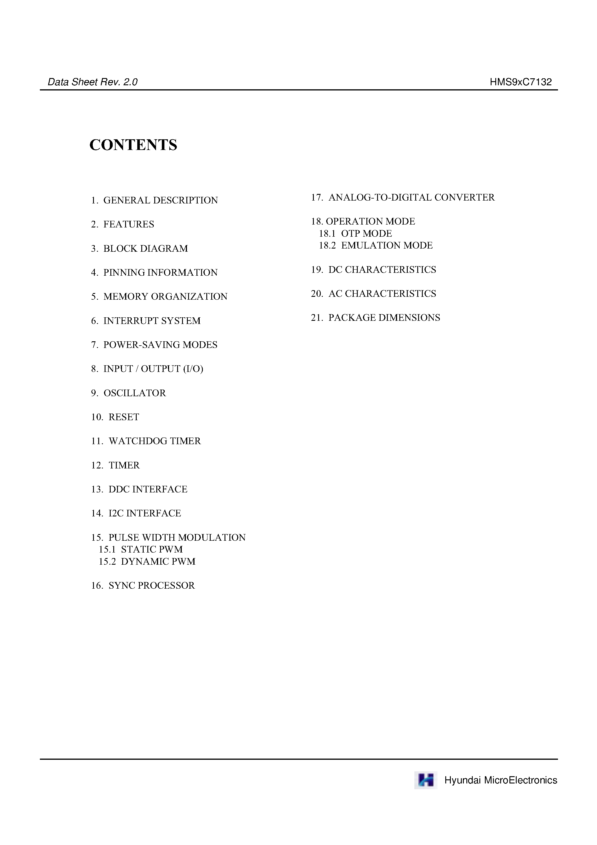 Datasheet HMS9XC7132 page 2 Datasheet HMS9XC7132 - DATA SHEET REV.2.0(PRELIMINARY) page 2