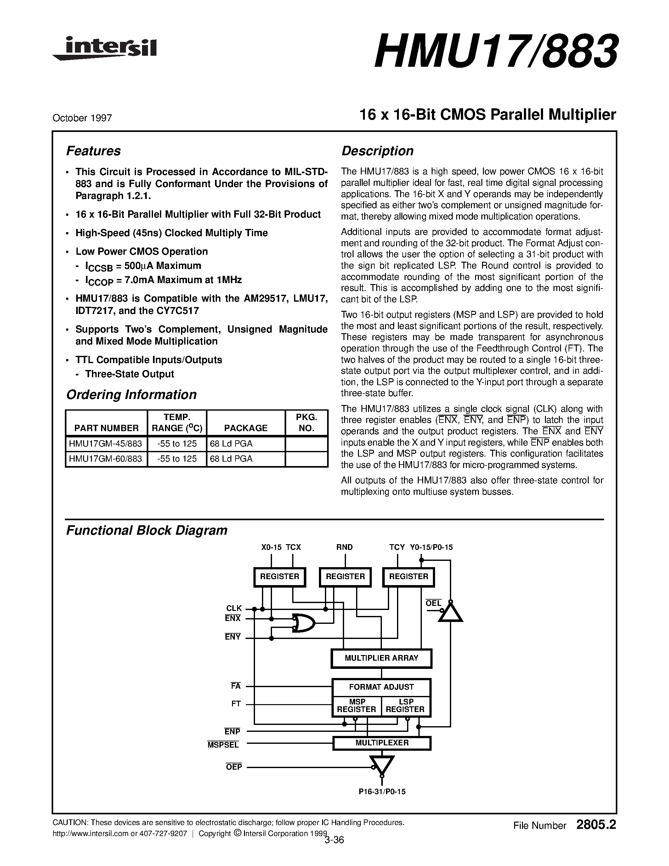 Даташит HMU17883 - 16 x 16-Bit CMOS Parallel Multiplier страница 1