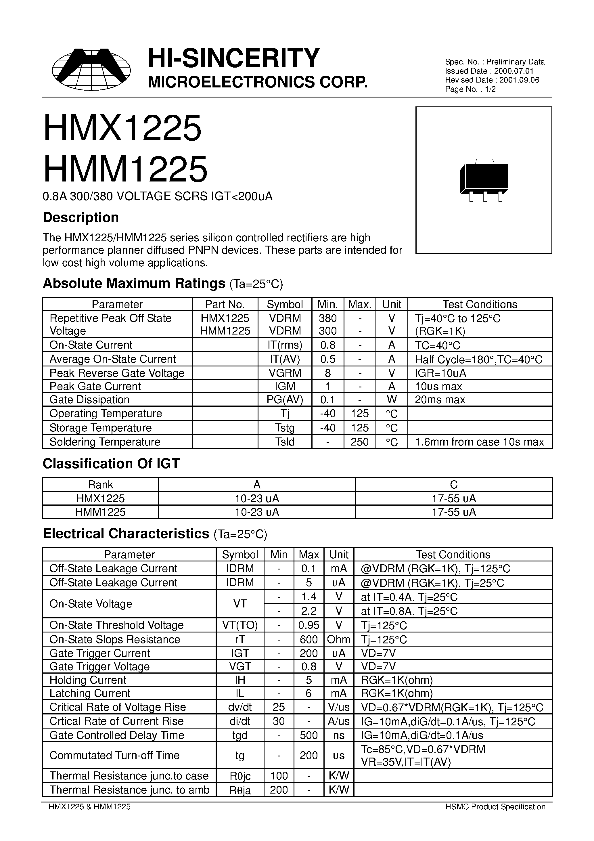 Datasheet HMX1225 page 1 Datasheet HMX1225 - 0.8A 300/380 VOLTAGE SCRS IGT<200uA page 1
