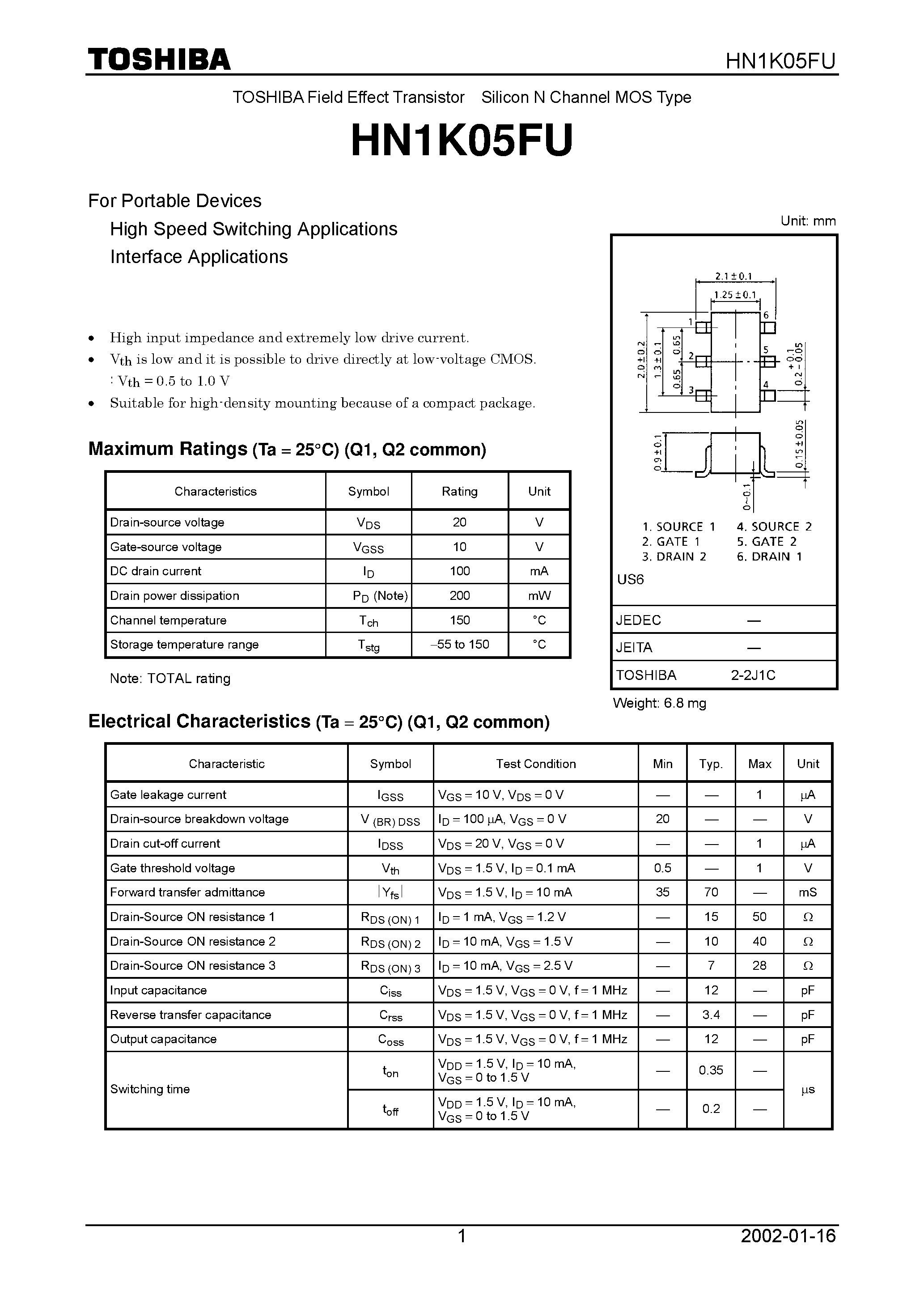 Datasheet HN1K05FU - TOSHIBA Field Effect Transistor Silicon N Channel MOS Type page 1
