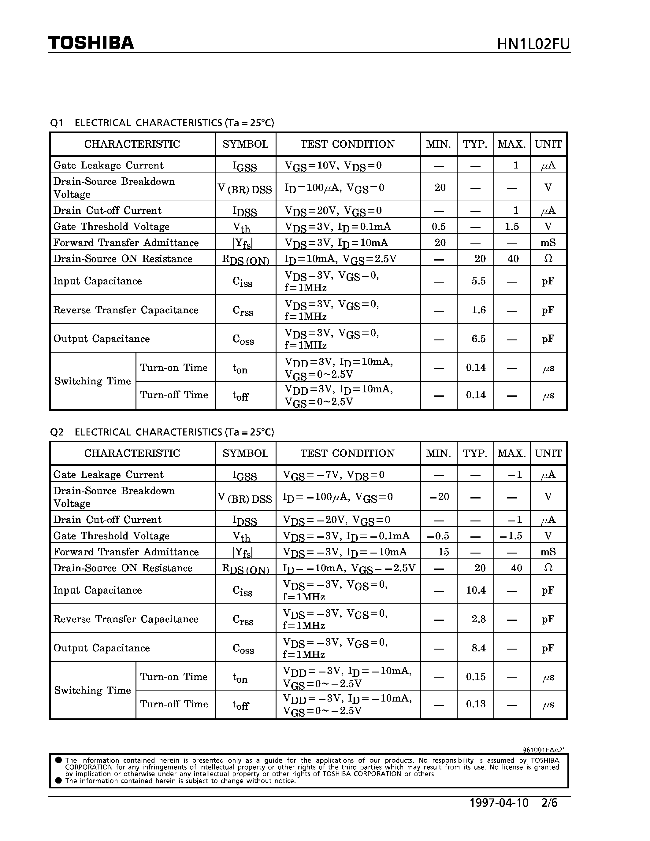 Datasheet HN1L02FU page 2 Datasheet HN1L02FU - N CHANNEL MOS TYPE/ P CHANNEL MOS TYPE (HIGH SPEED SWITCHING/ ANALOG SWITCH APPLICATIONS) page 2
