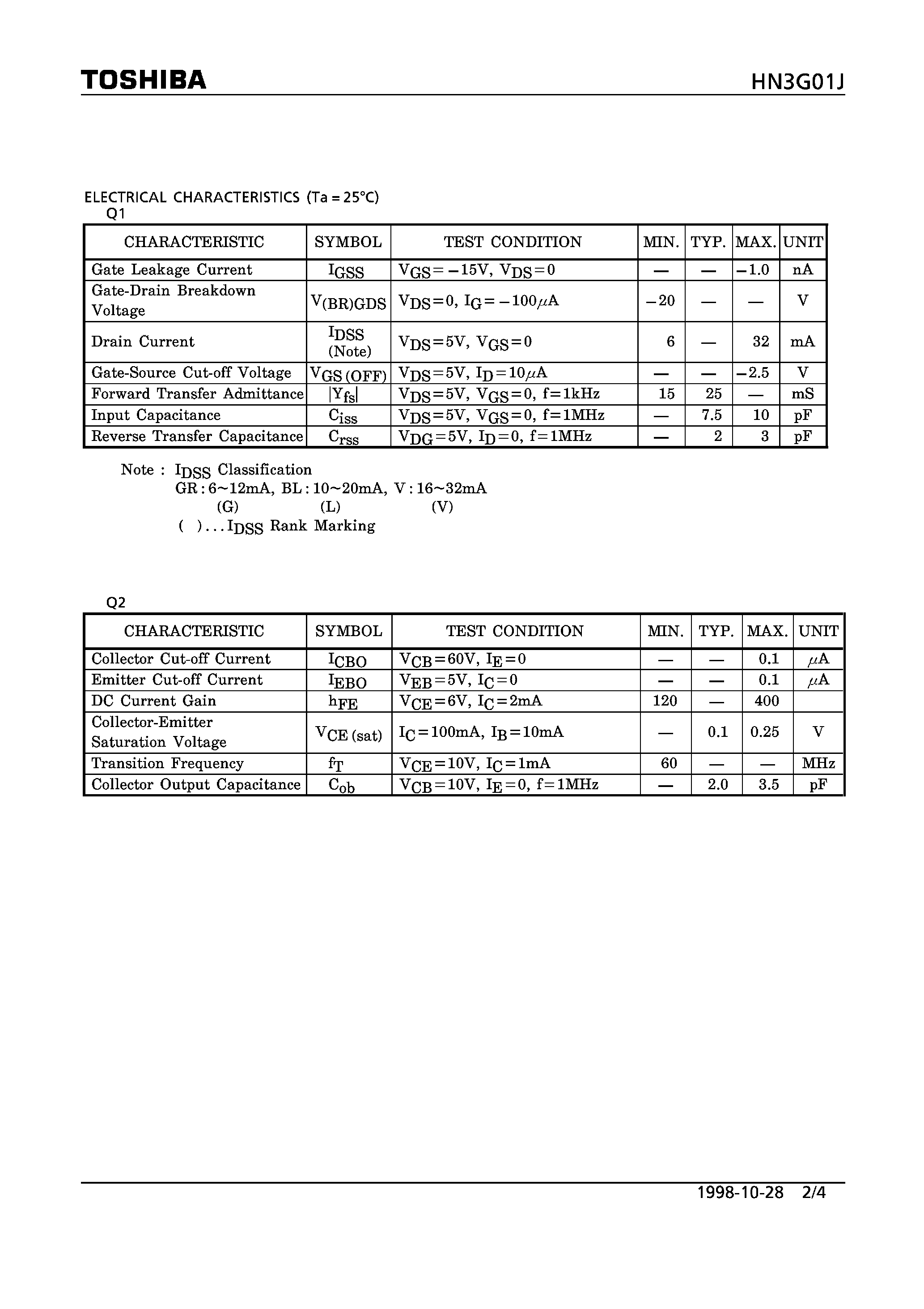 Datasheet HN3G01 page 2 Datasheet HN3G01 - N CHANNEL JUNCTION TYPE FET SILICON NPN EPITAXIAL TYPE TRANSISTOR page 2