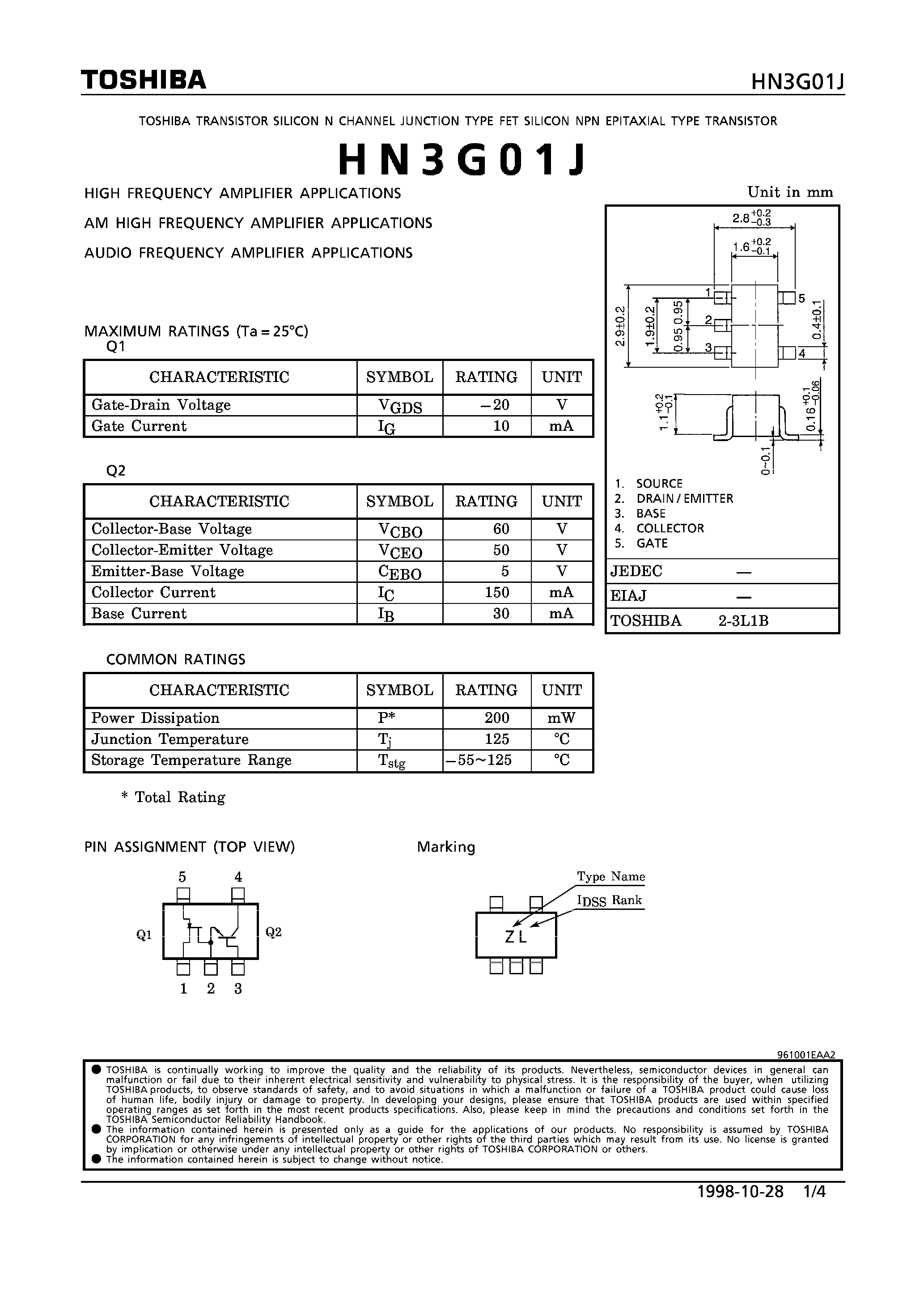 Datasheet HN3G01J - N CHANNEL JUNCTION TYPE FET SILICON NPN EPITAXIAL TYPE TRANSISTOR page 1
