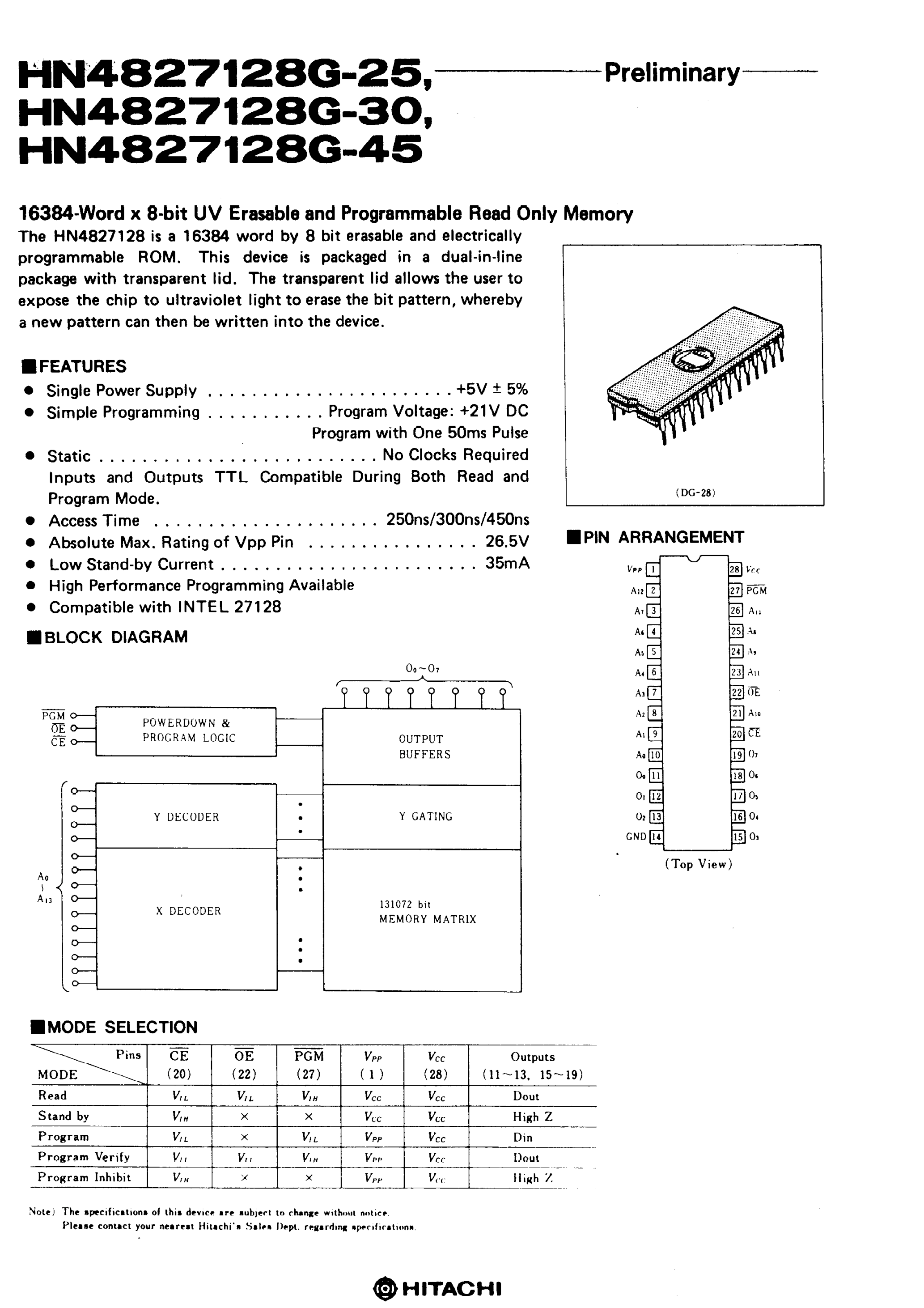 Даташит на микросхему HN4827128 страница 1 Даташит HN4827128 - 16384-Word x 8-bit UV Erasable and Programmable Read Only Memory страница 1