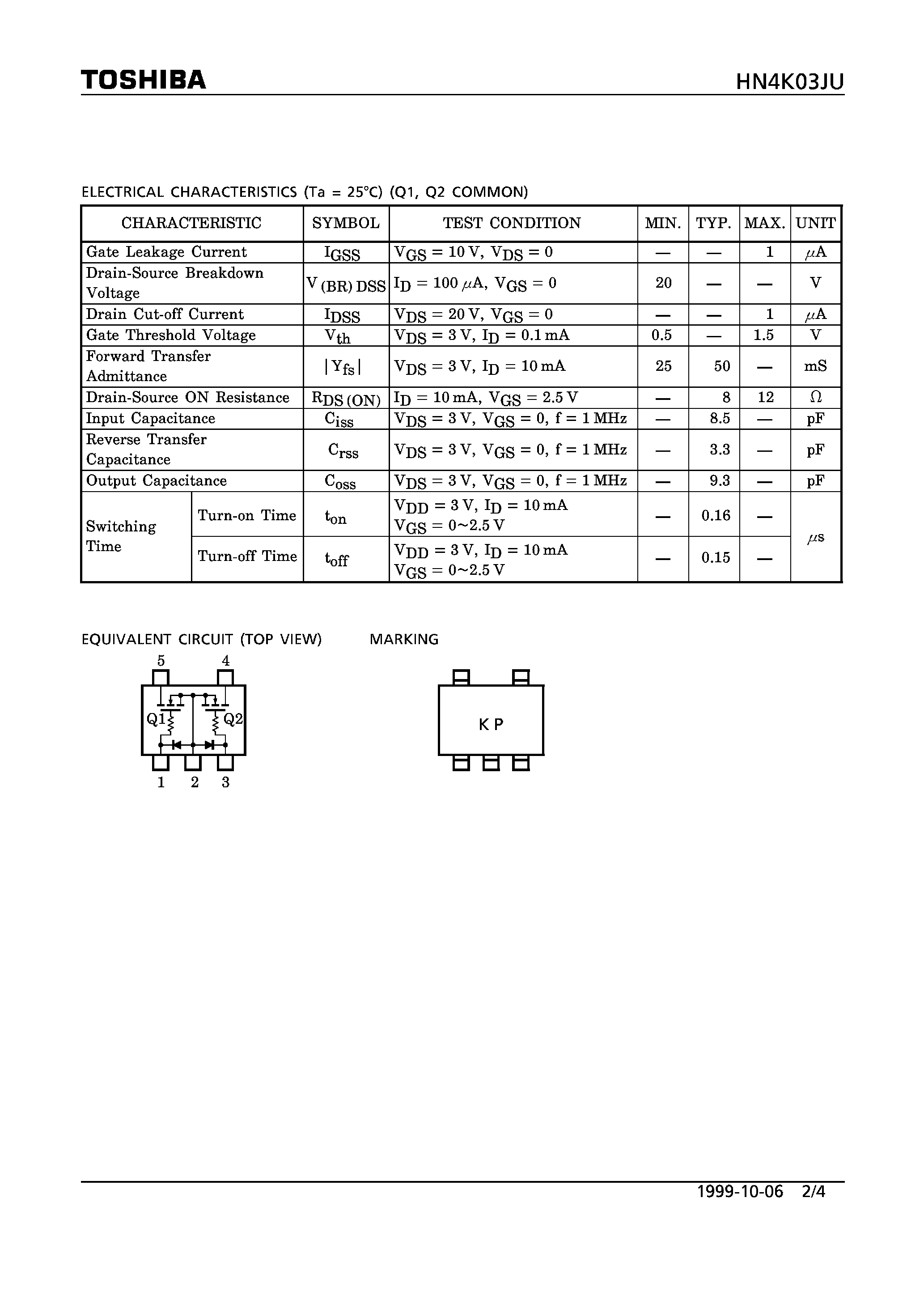 Datasheet HN4K03JU page 2 Datasheet HN4K03JU - N CHANNEL MOS TYPE (HIGH SPEED SWITCHING/ ANALOG SWITCH APPLICATIONS) page 2
