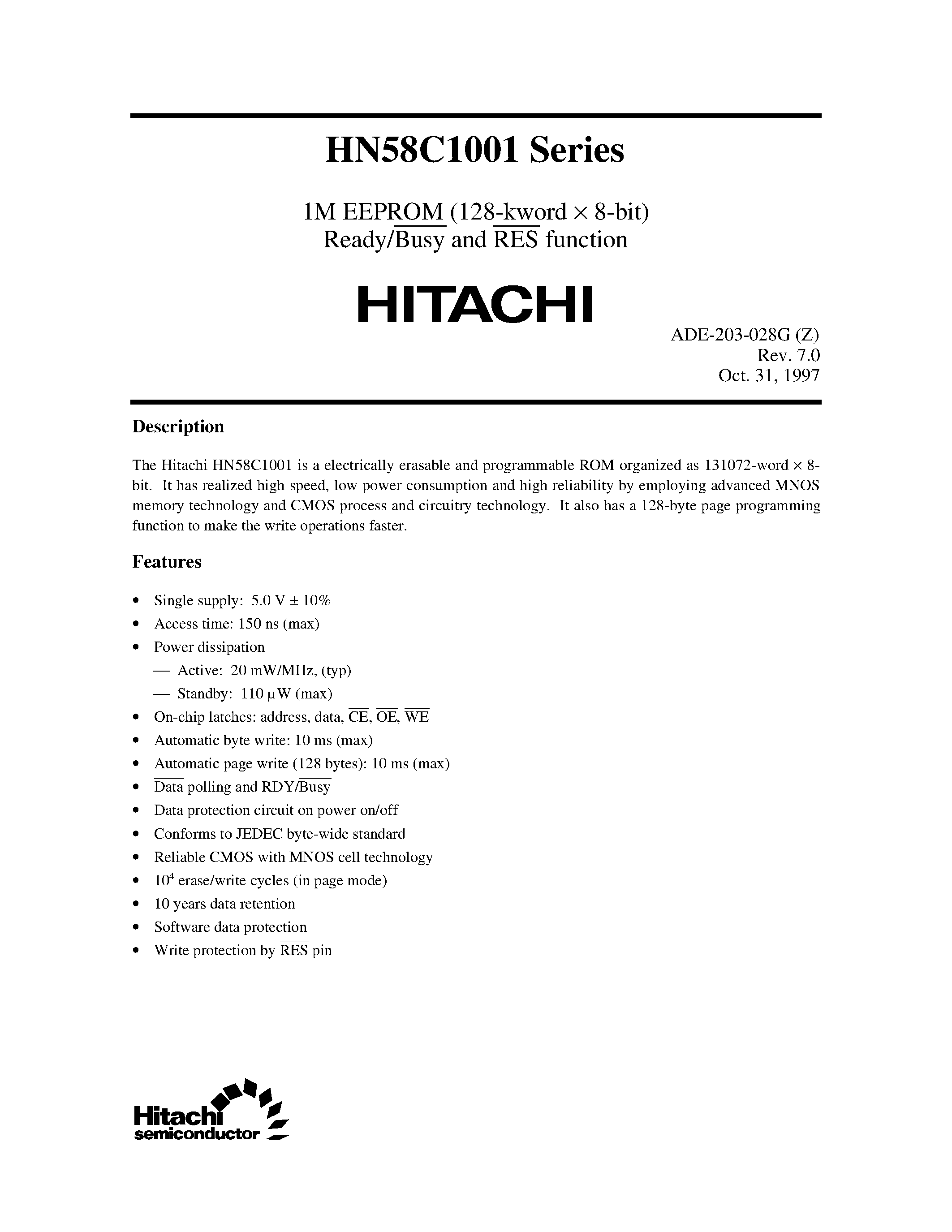 Даташит на микросхему HN58C1001FP-15 страница 1 Даташит HN58C1001FP-15 - 1M EEPROM (128-kword x 8-bit) Ready/Busy and RES function страница 1