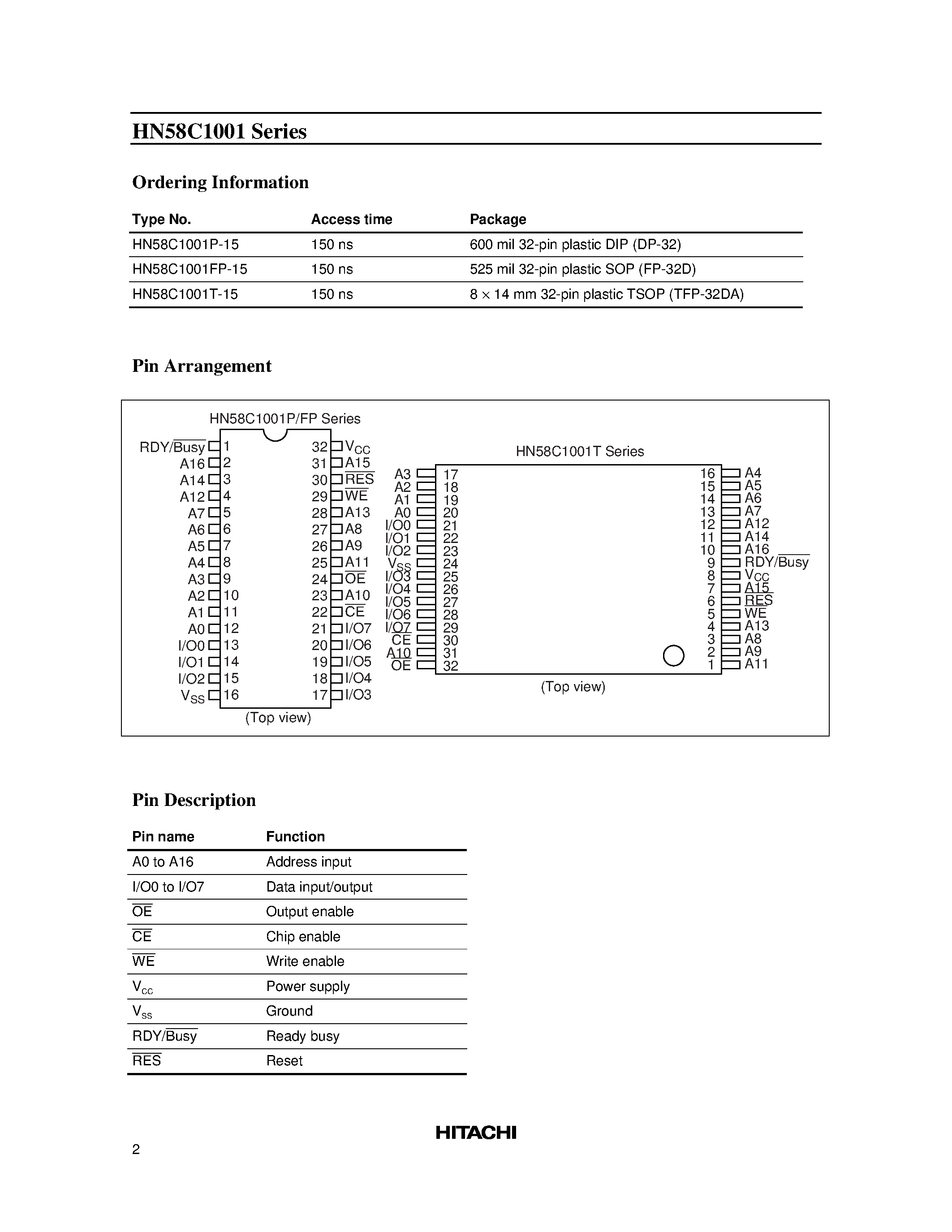 Даташит на микросхему HN58C1001FP-15 страница 2 Даташит HN58C1001FP-15 - 1M EEPROM (128-kword x 8-bit) Ready/Busy and RES function страница 2