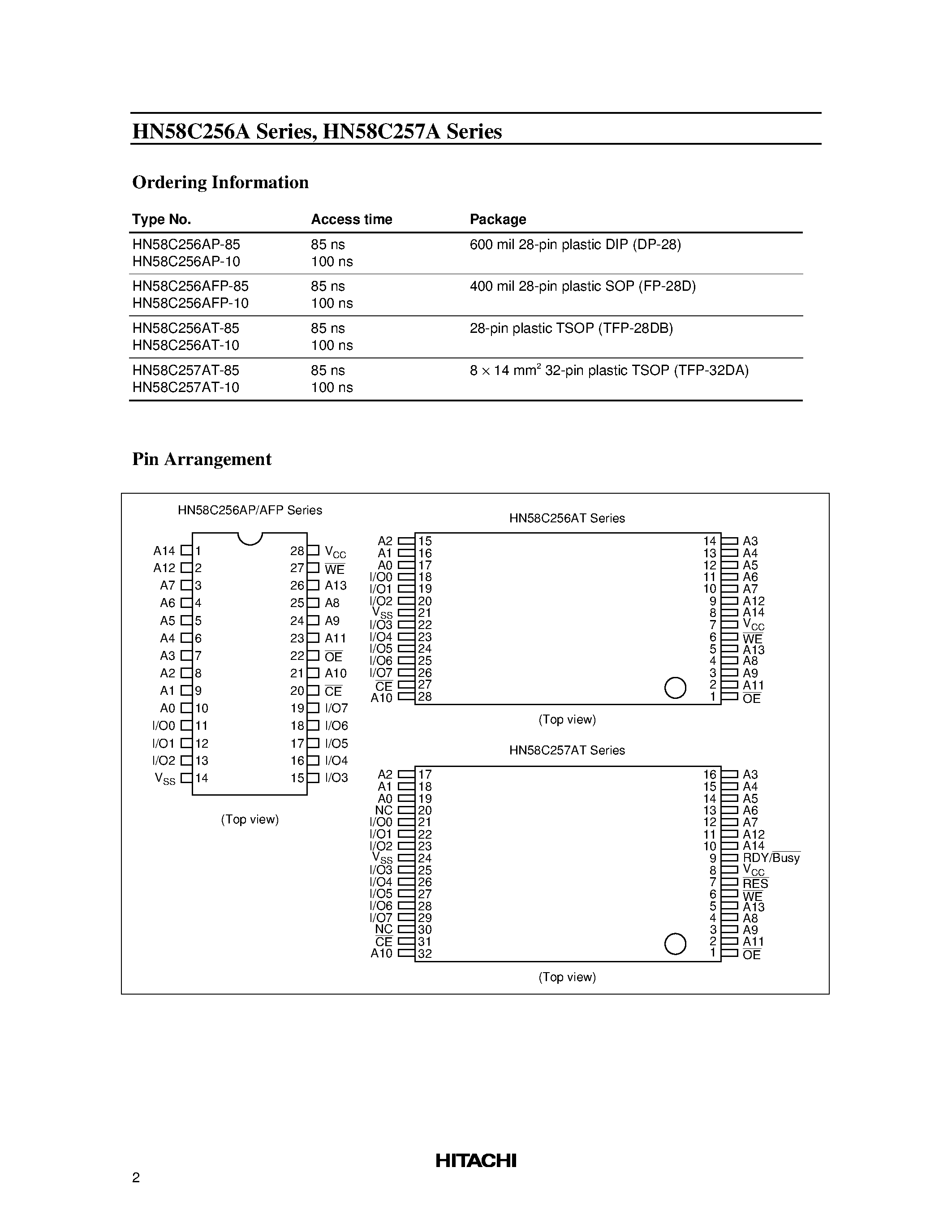 Даташит на микросхему HN58C256AT-85 страница 2 Даташит HN58C256AT-85 - 256k EEPROM (32-kword x 8-bit) Ready/Busy and RES function (HN58C257A) страница 2