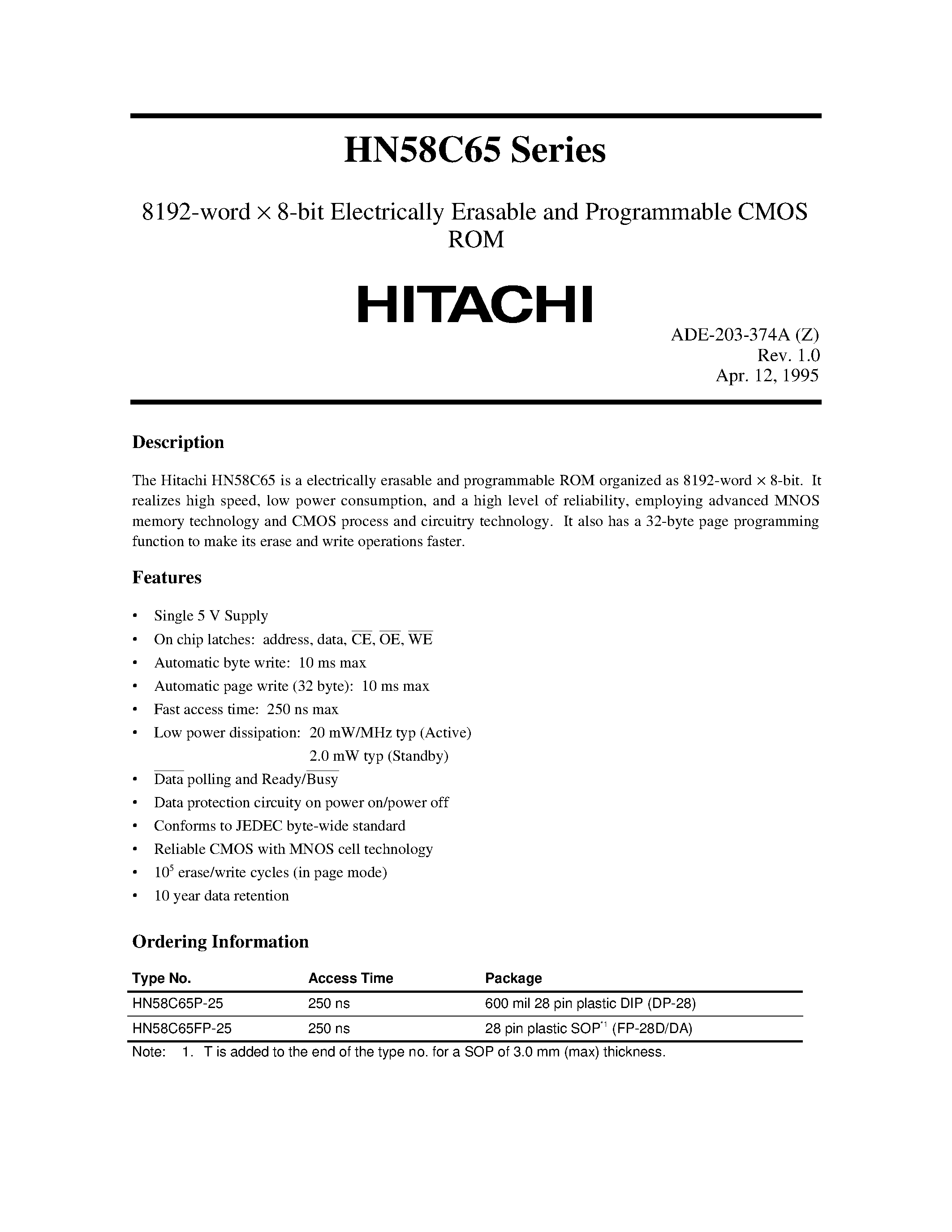Даташит на микросхему HN58C65P-25 страница 1 Даташит HN58C65P-25 - 8192-word X 8-bit Electrically Erasable and Programmable CMOS ROM страница 1