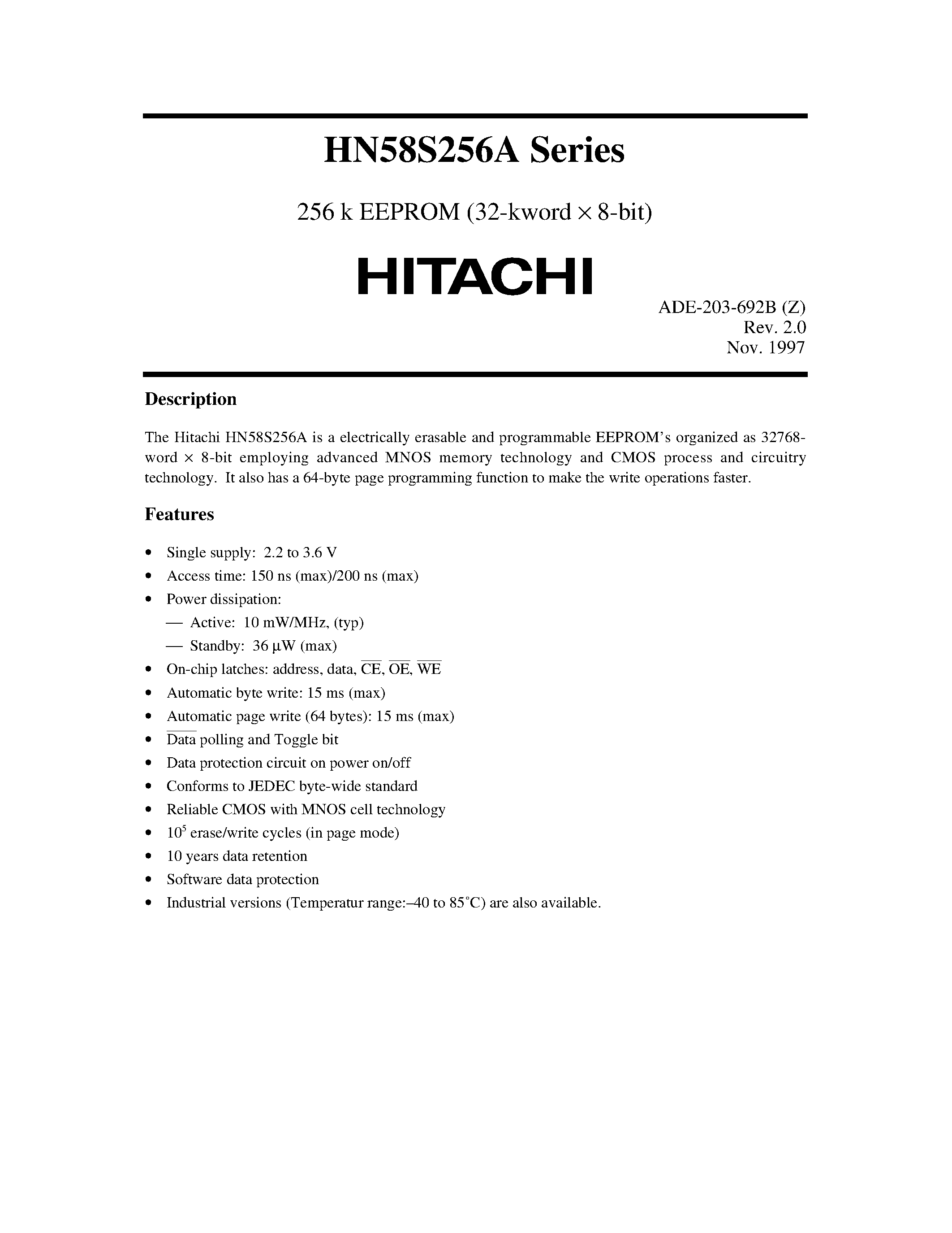 Datasheet HN58S256AT-15 - 256 k EEPROM (32-kword x 8-bit) page 1