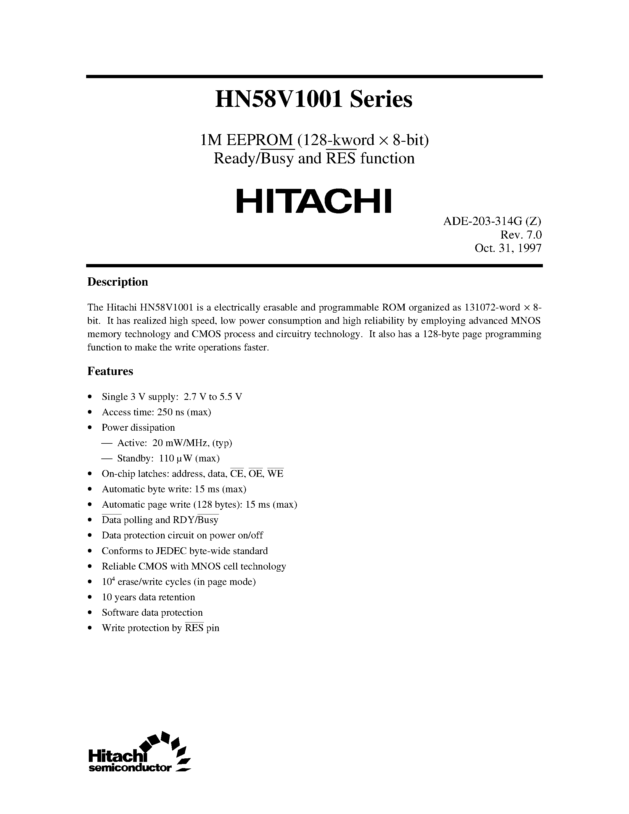 Даташит HN58V1001P-25 - 1M EEPROM (128-kword x 8-bit) Ready/Busy and RES function страница 1