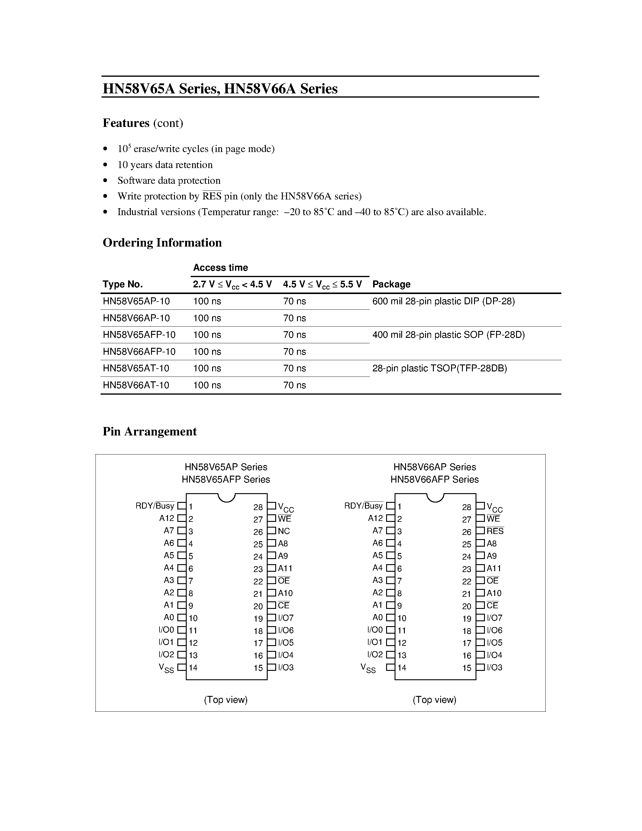 Datasheet HN58V65AT-10 - 64 k EEPROM (8-kword x 8-bit) Ready/Busy function/ RES function (HN58V66A) page 2