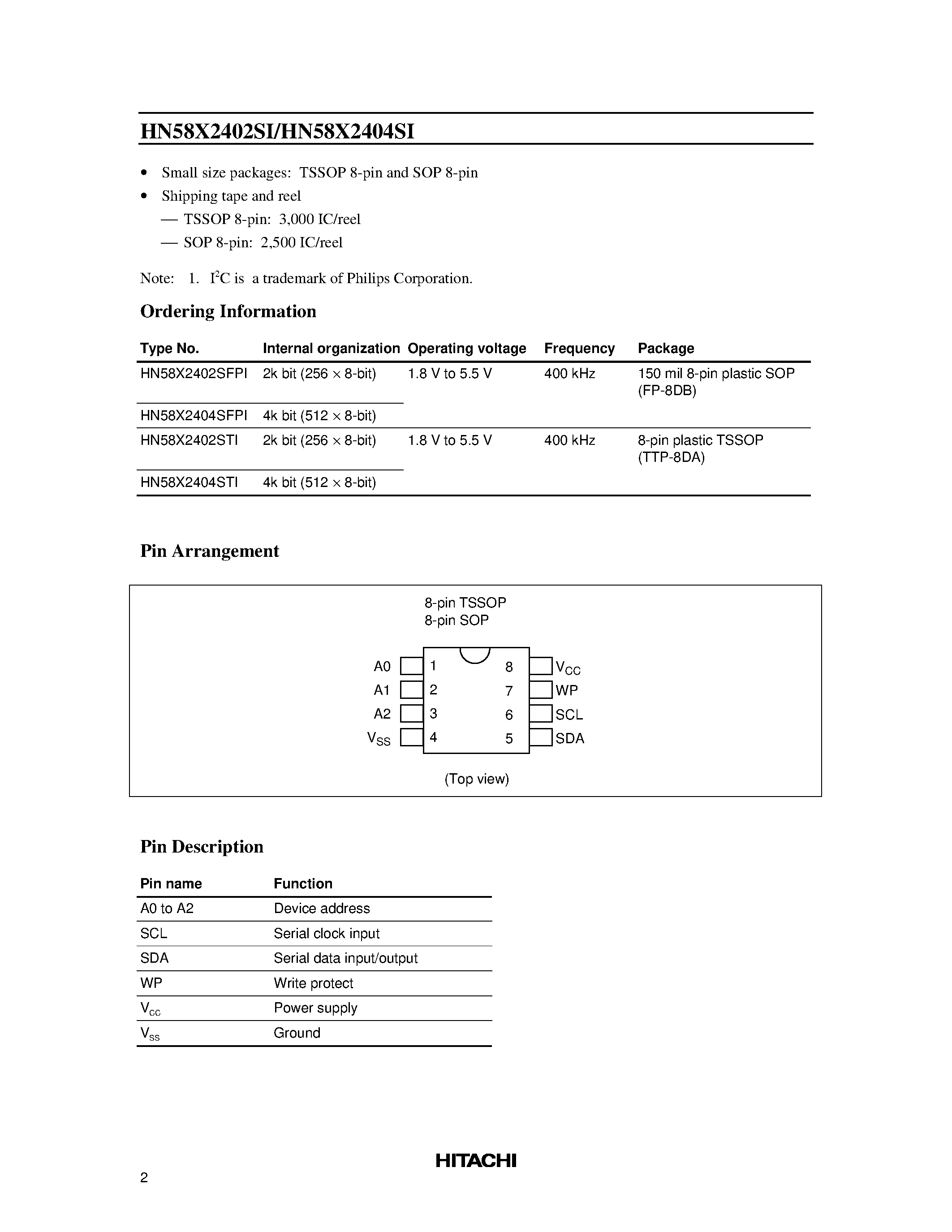 Datasheet HN58X2402SI - Two-wire serial interface (2k EEPROM 256-word x 8-bit) 4k EEPROM (512-word x 8-bit) page 2