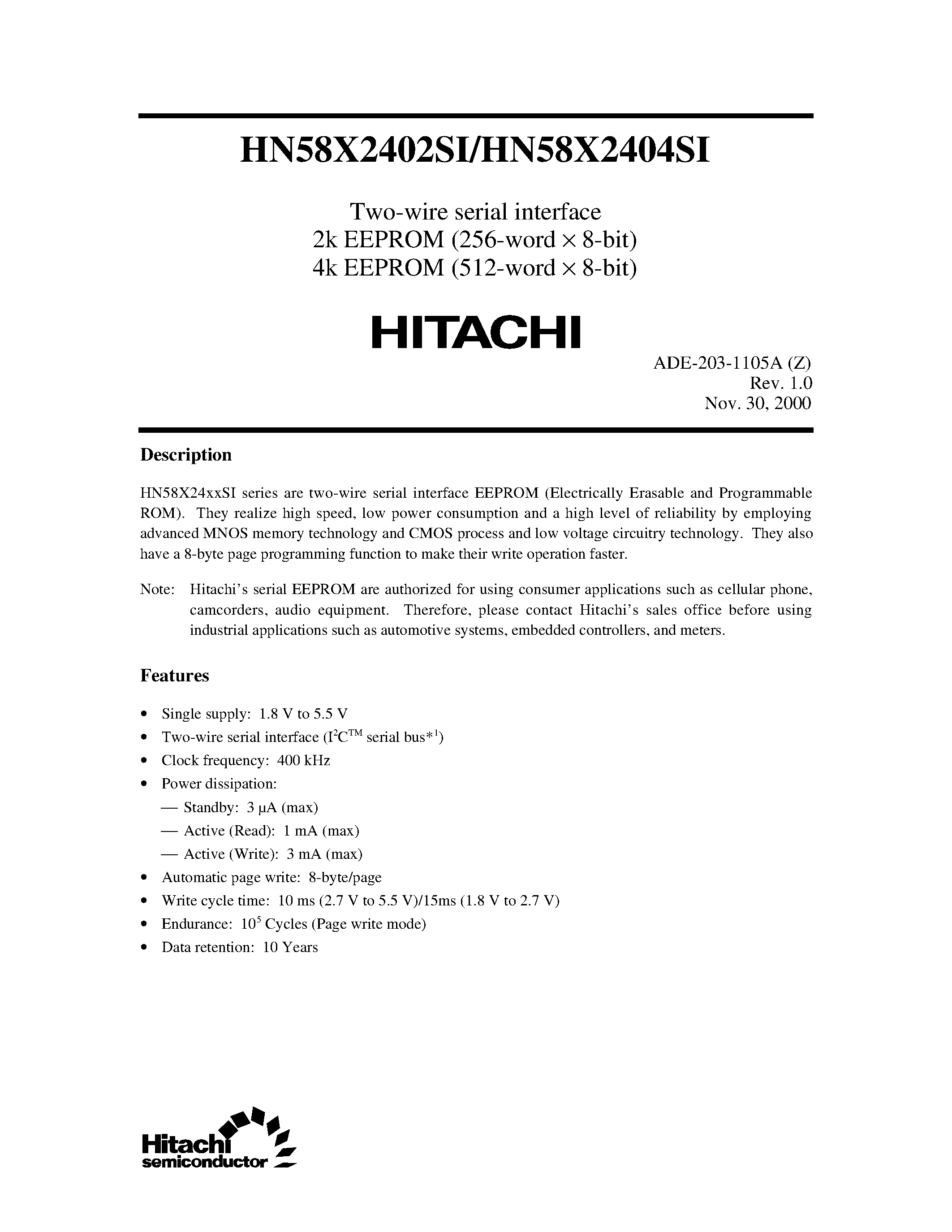 Datasheet HN58X2402STI - Two-wire serial interface (2k EEPROM 256-word x 8-bit) 4k EEPROM (512-word x 8-bit) page 1