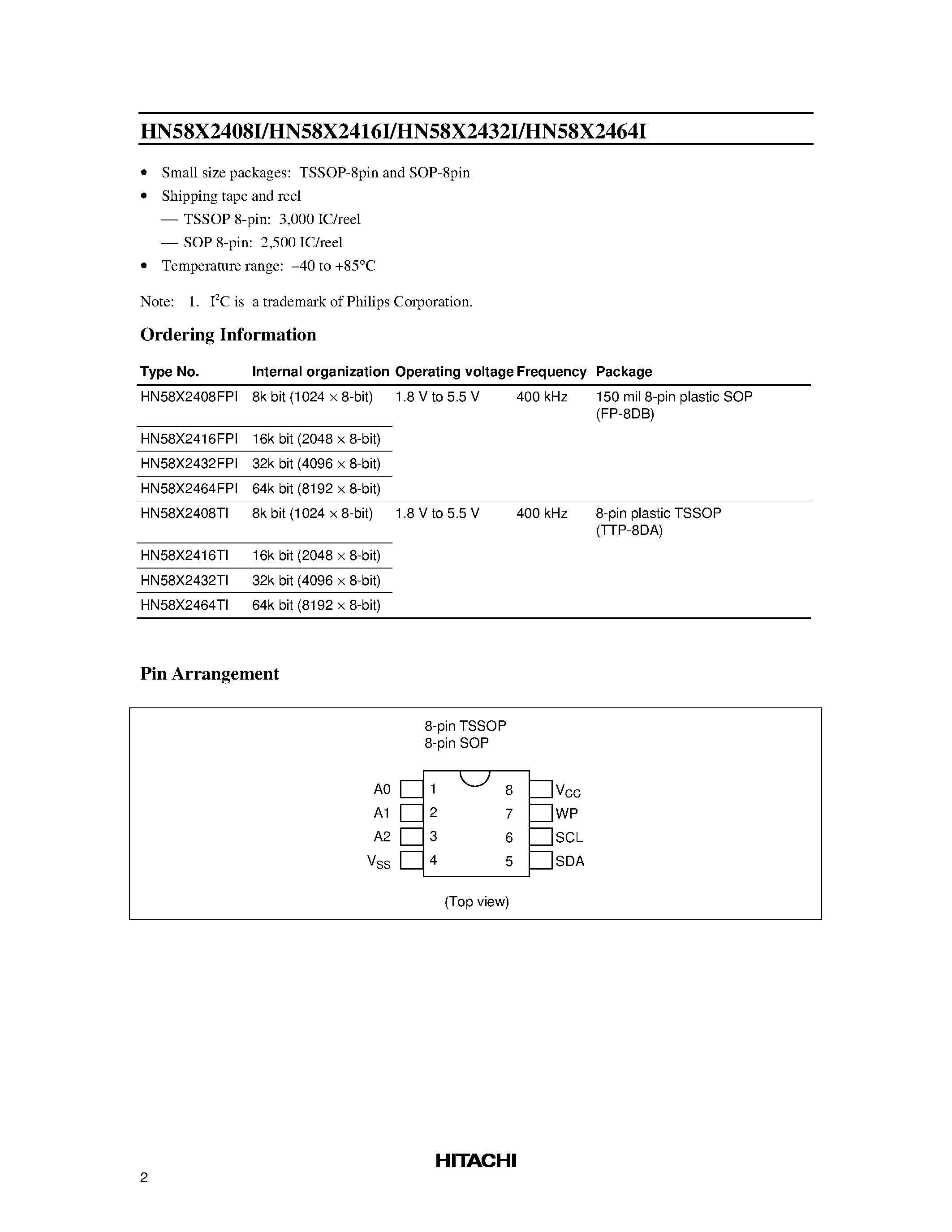 Datasheet HN58X2408I - Two-wire serial interface 8k EEPROM (1-kword x 8-bit)/16k EEPROM (2-kword x 8-bit)/32k EEPROM (4-kword x 8-bit)/64k EEPROM(8-kword x 8-bit) page 2