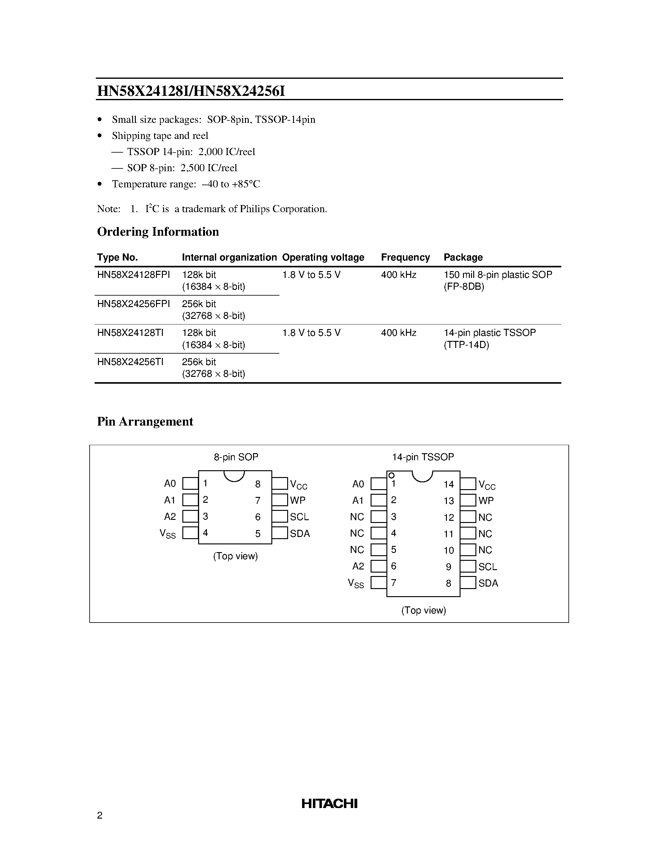 Datasheet HN58X24128FPI - Two-wire serial interface/ 128k EEPROM (16-kword x 8-bit)/ 256k EEPROM (32-kword x 8-bit) page 2