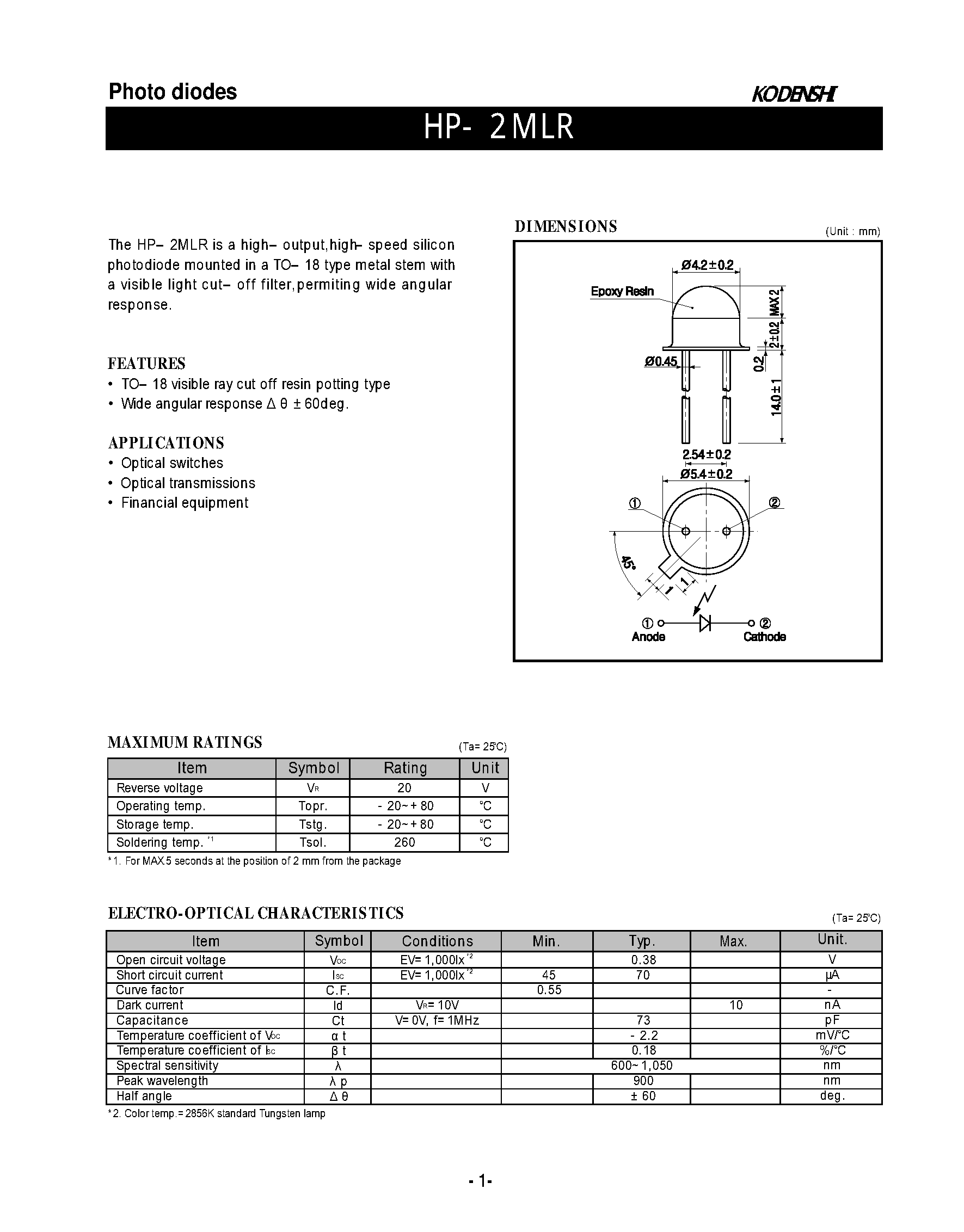 Даташит на микросхему HP-2MLR страница 1 Даташит HP-2MLR - Photo diodes страница 1