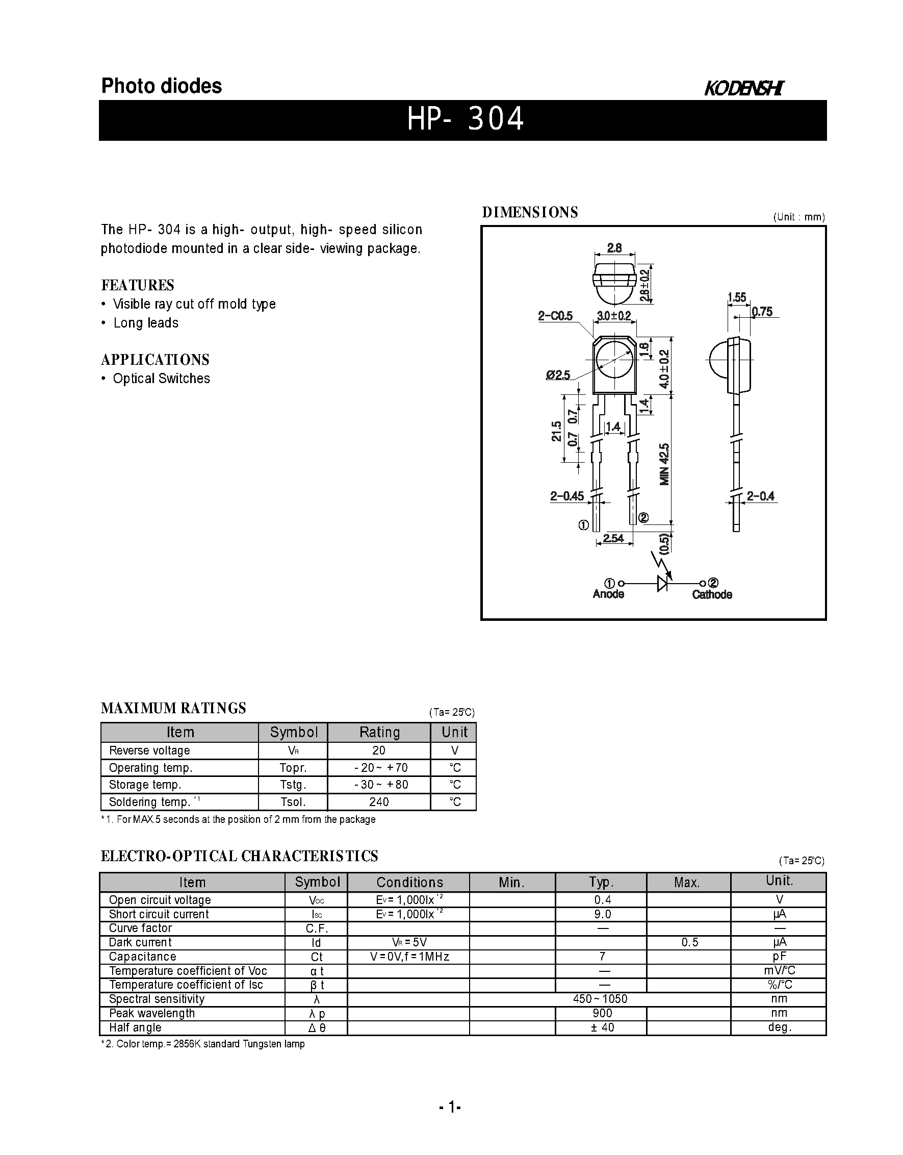 Даташит на микросхему HP-304 страница 1 Даташит HP-304 - Photo diodes страница 1
