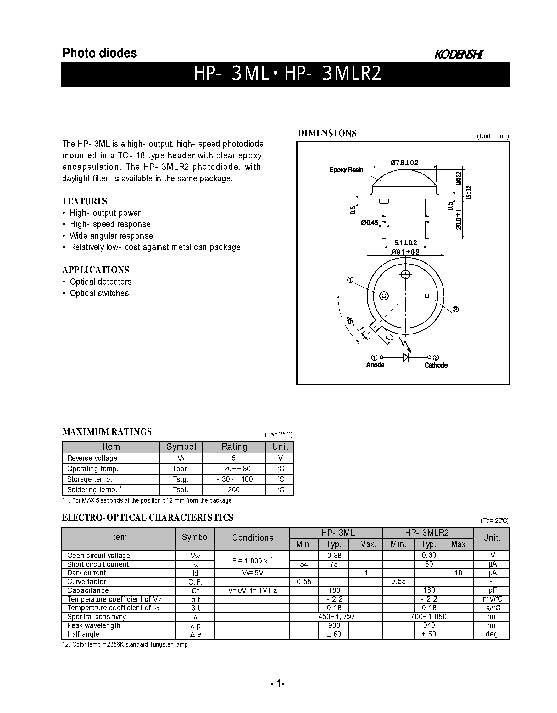 Datasheet HP-3ML - Photo diodes page 1