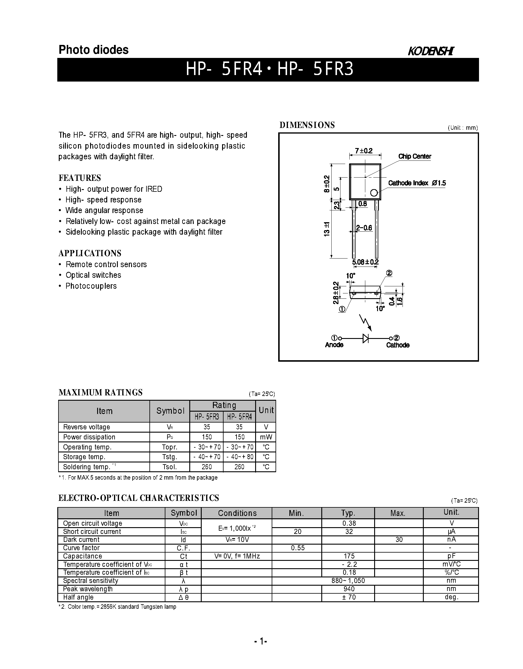 Даташит на микросхему HP-5FR4 страница 1 Даташит HP-5FR4 - Photo diodes страница 1